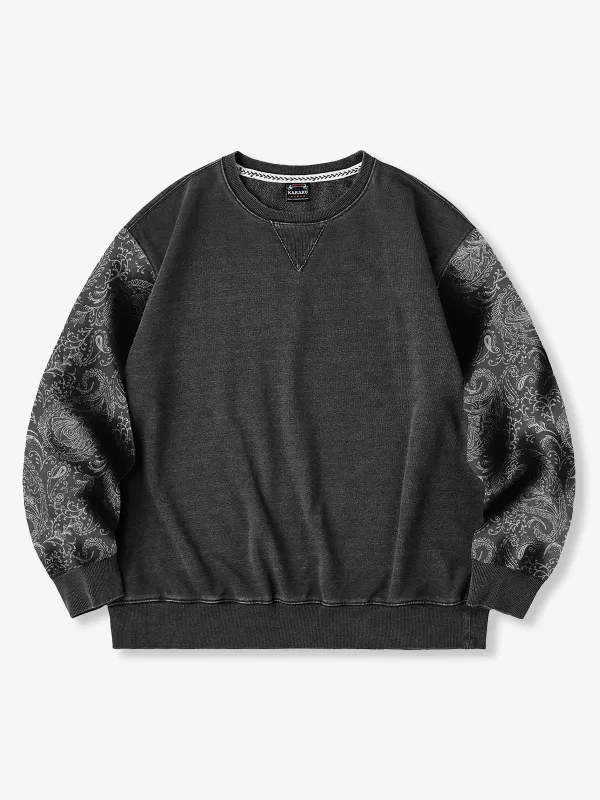 Washed Sweatshirt with Paisley Denim Sleeves & V-Gusset Detail sold by Karaku