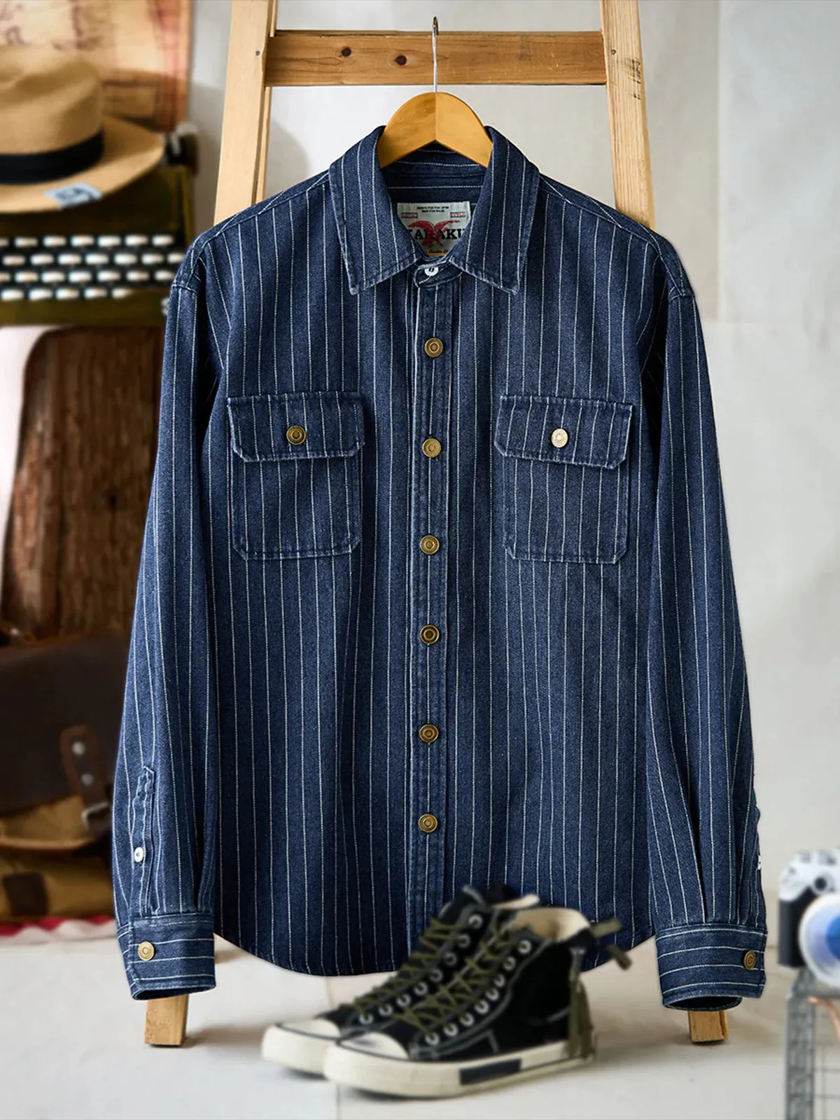 Washed Stitched-Stripe Denim Work Shirt sold by Karaku product image thumbnail 3