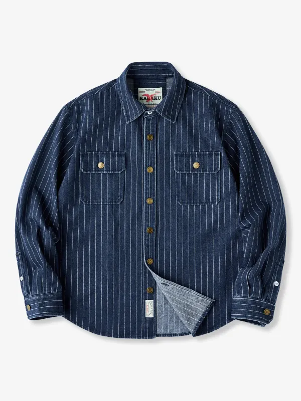 Washed Stitched-Stripe Denim Work Shirt sold by Karaku