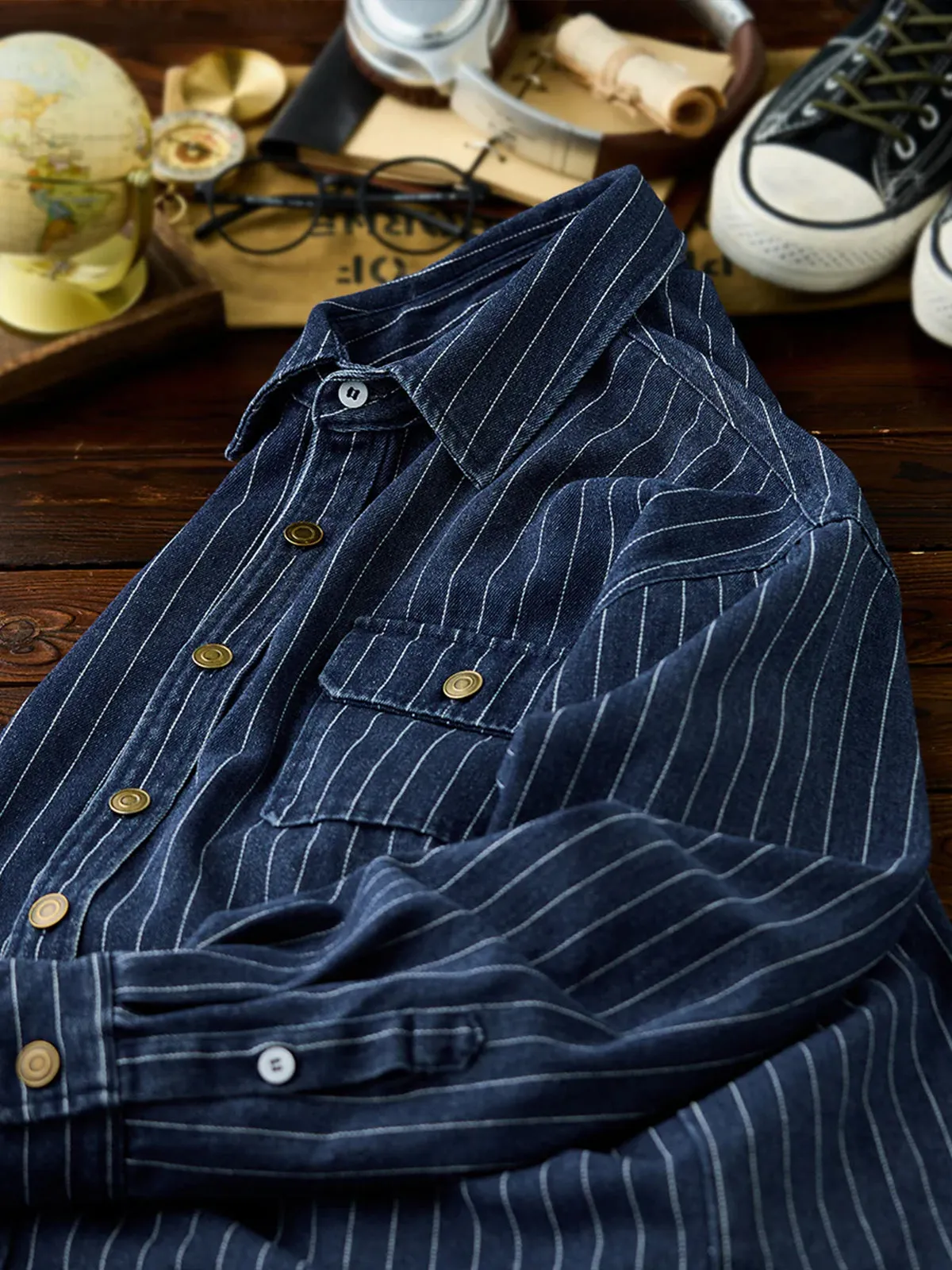 Washed Stitched-Stripe Denim Work Shirt sold by Karaku product image thumbnail 5