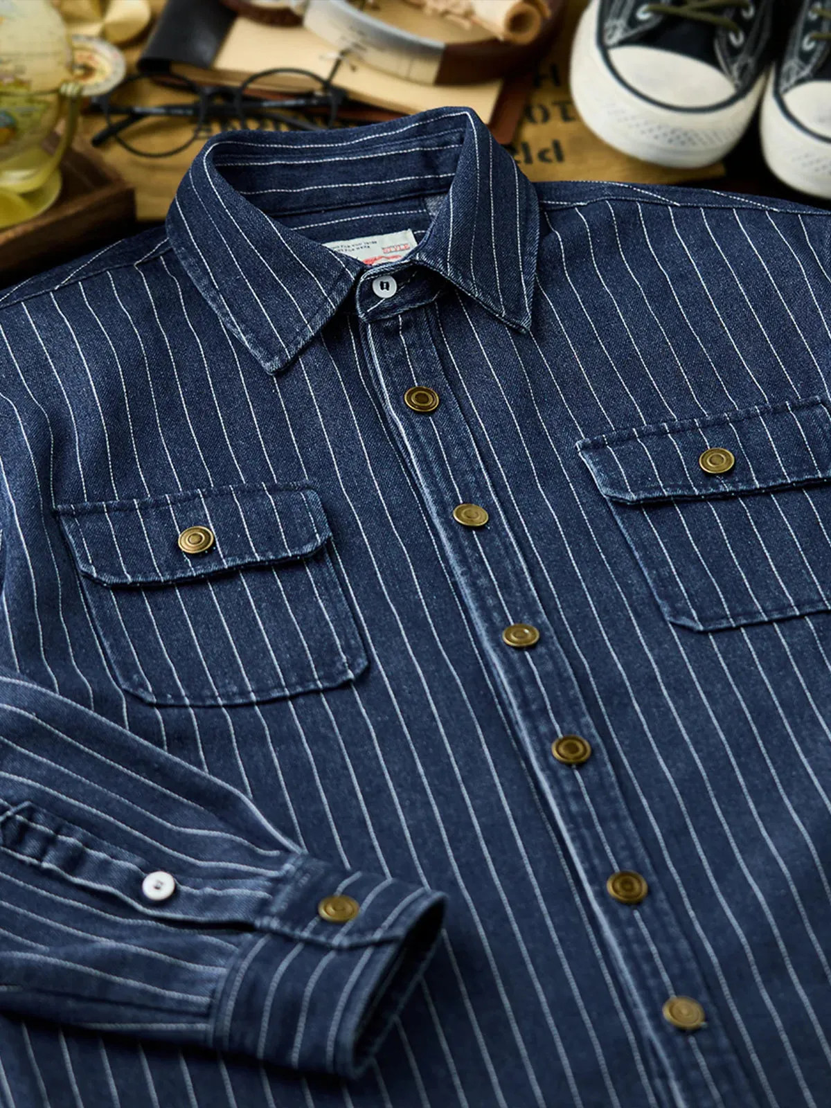 Washed Stitched-Stripe Denim Work Shirt sold by Karaku product image thumbnail 4