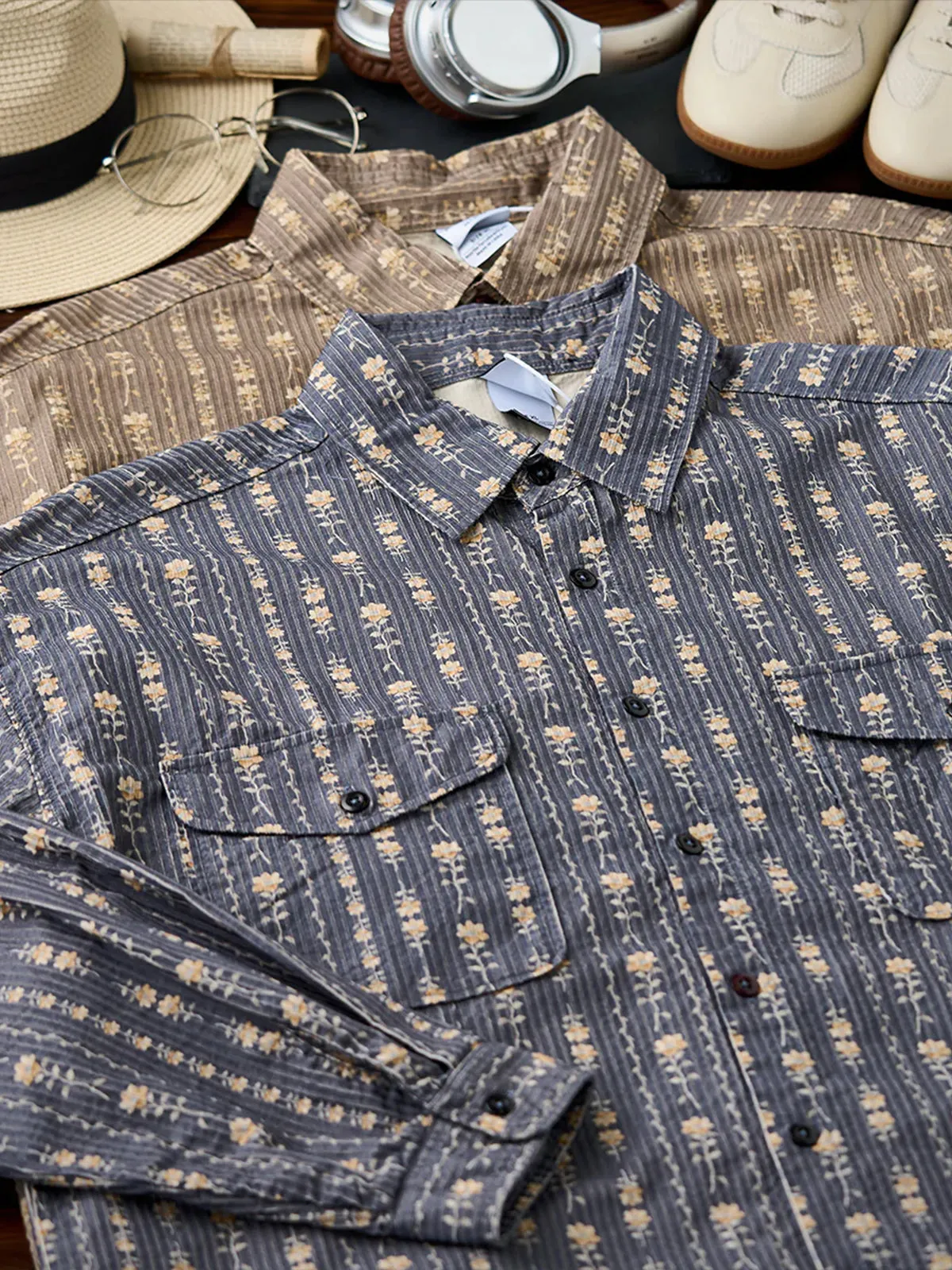 Small Floral Pattern Long-Sleeve Work Shirt with extured Stripe Design sold by Karaku product image thumbnail 5