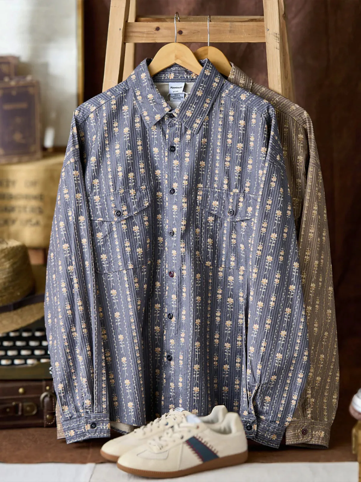 Small Floral Pattern Long-Sleeve Work Shirt with extured Stripe Design sold by Karaku product image thumbnail 4