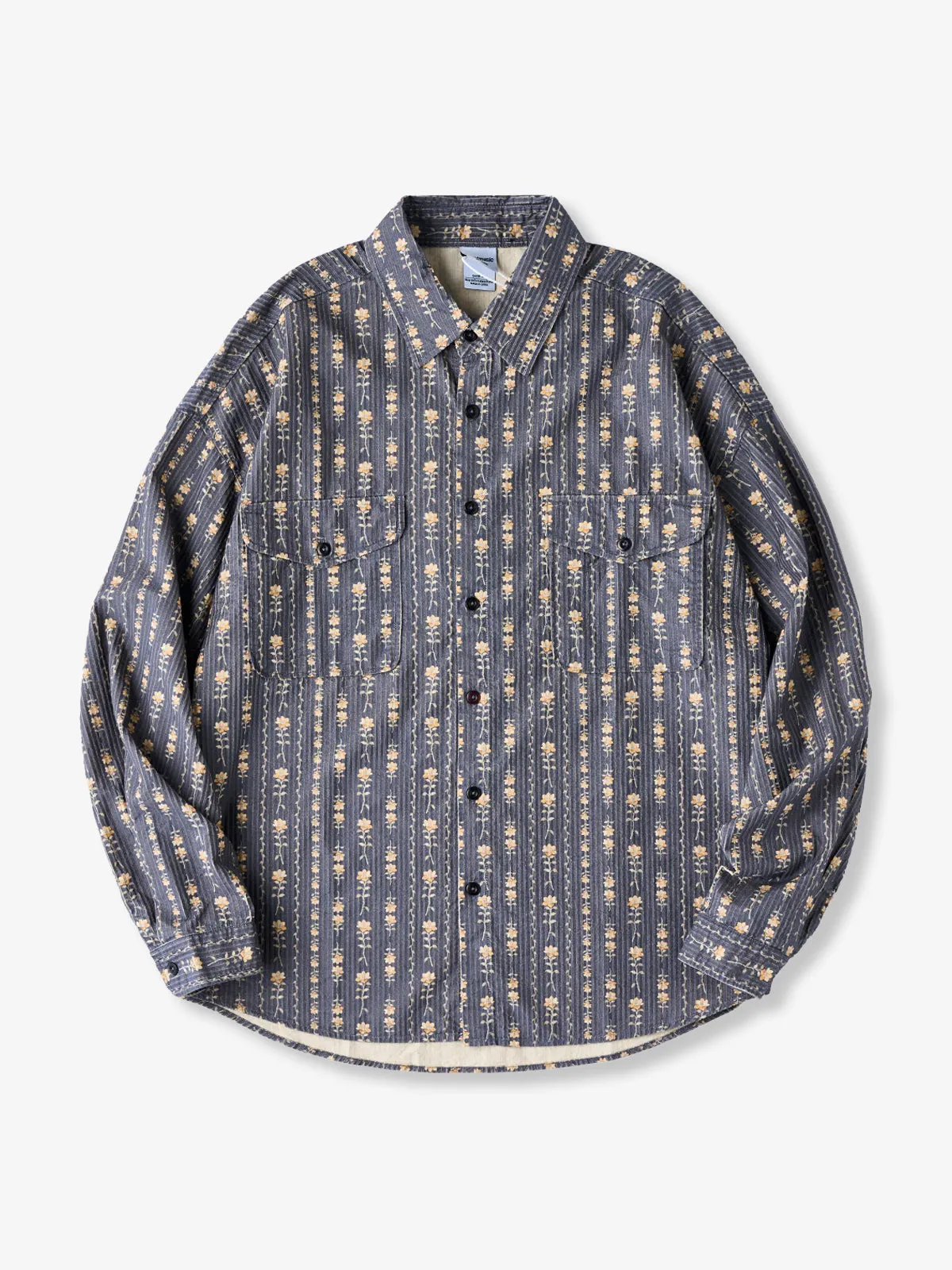 Small Floral Pattern Long-Sleeve Work Shirt with extured Stripe Design sold by Karaku