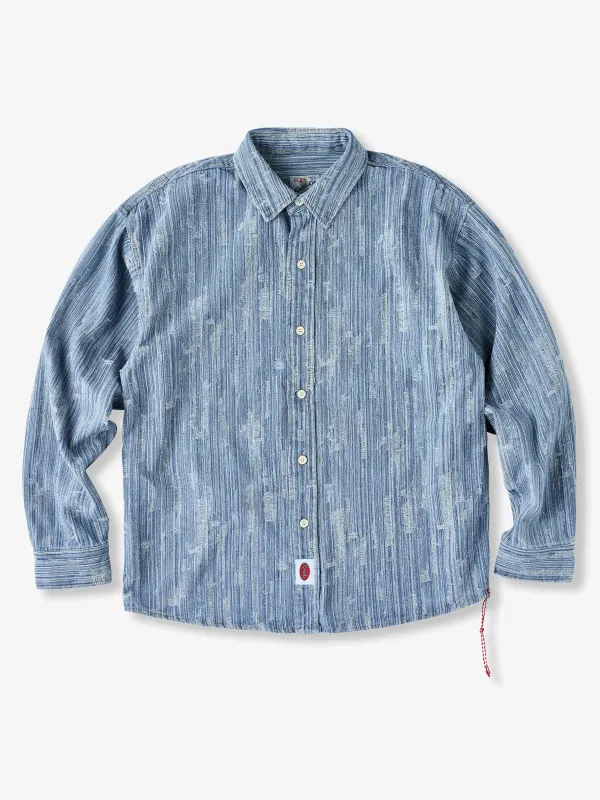 Denim Shirt in Jacquard Weave with Shell Buttons  and Red-and-White Drawstring sold by Karaku
