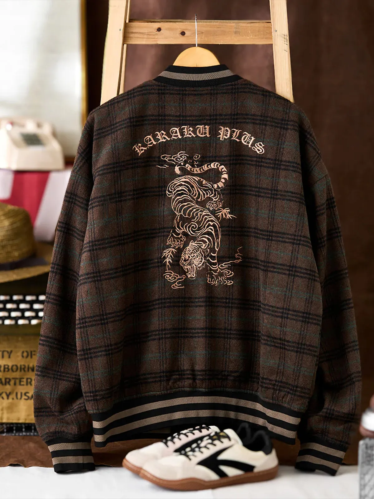 Wool-Blend Tweed Check Baseball Jacket with Tiger Embroidery sold by Karaku product image thumbnail 3