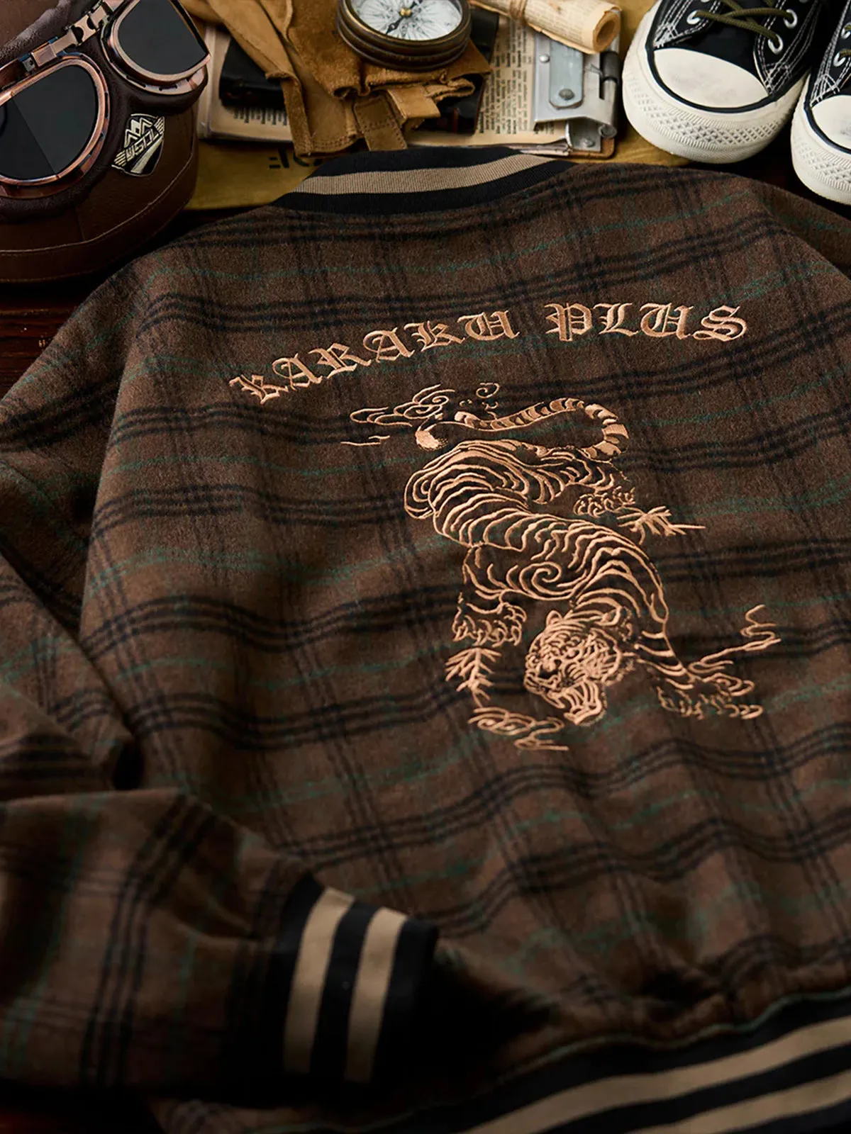 Wool-Blend Tweed Check Baseball Jacket with Tiger Embroidery sold by Karaku product image thumbnail 5