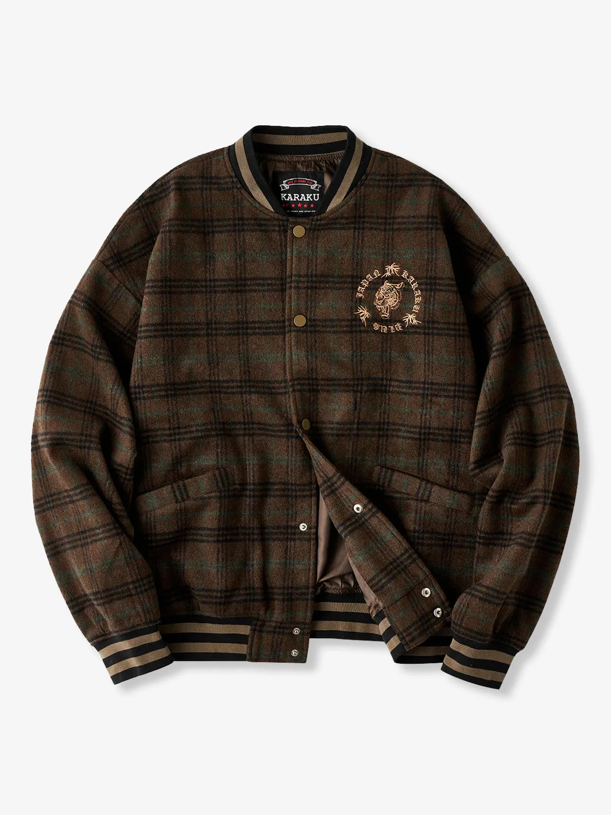 Wool-Blend Tweed Check Baseball Jacket with Tiger Embroidery sold by Karaku product image thumbnail 2