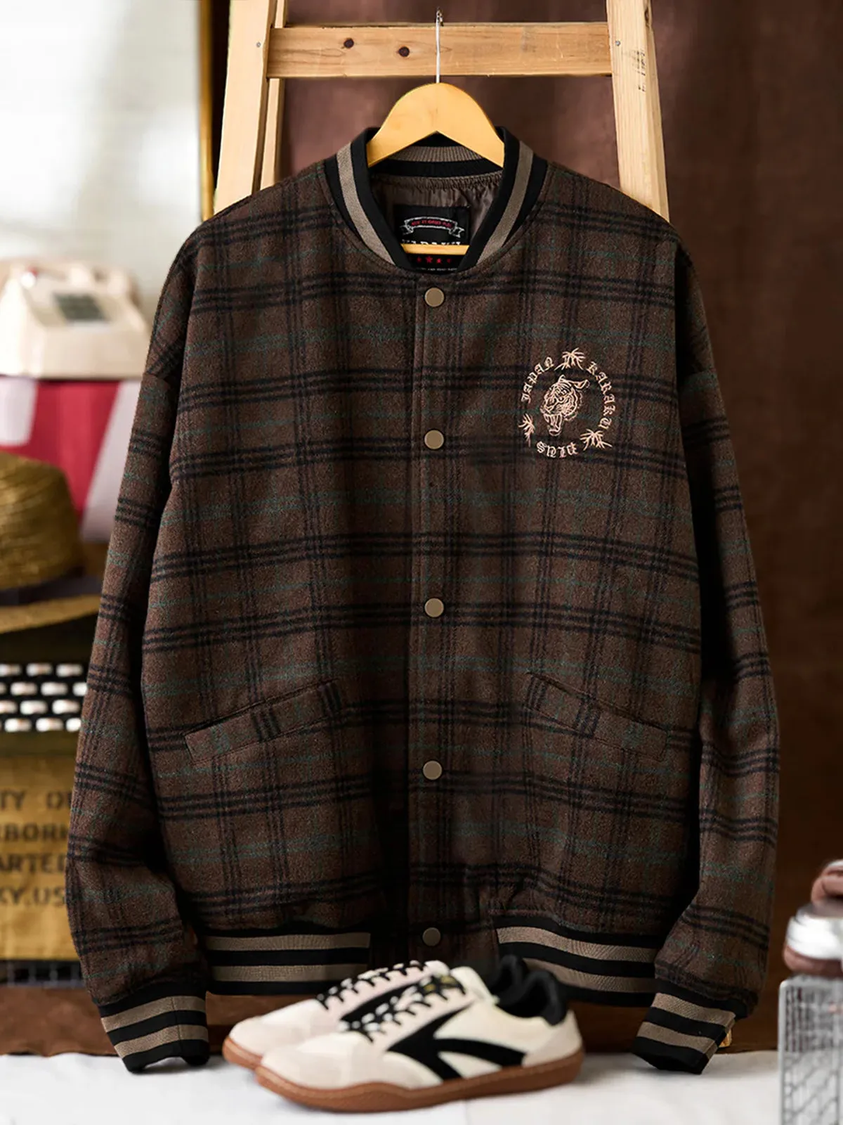 Wool-Blend Tweed Check Baseball Jacket with Tiger Embroidery sold by Karaku product image thumbnail 4