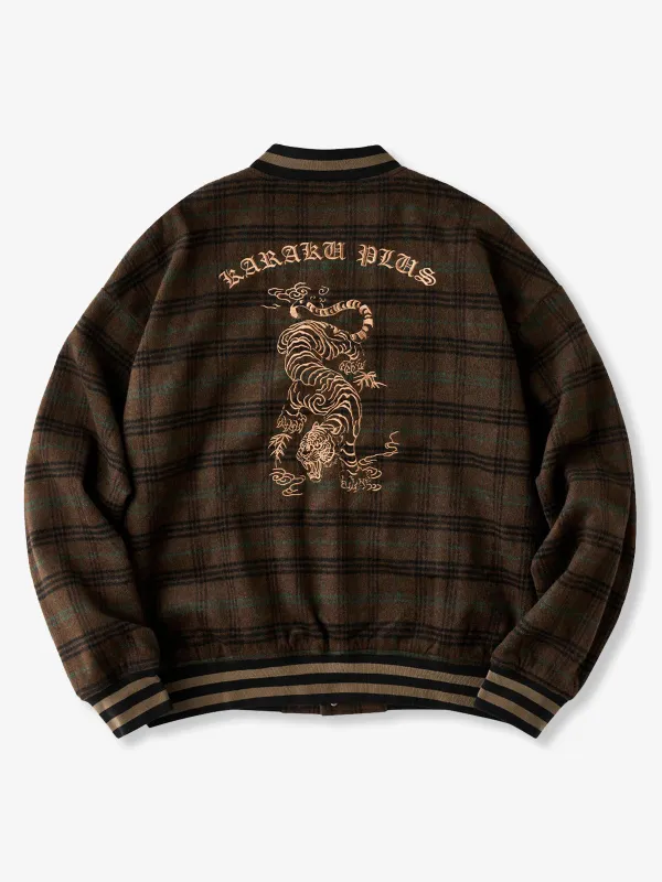 [Pre-order] Wool-Blend Tweed Check Baseball Jacket with Tiger Embroidery sold by Karaku