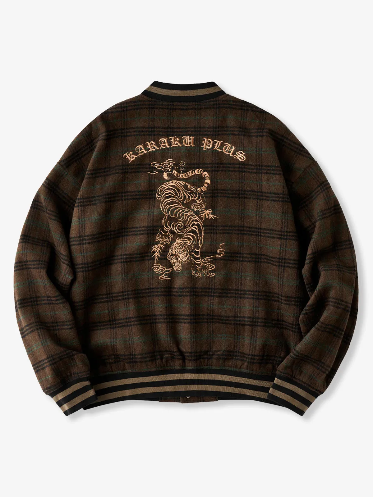 Wool-Blend Tweed Check Baseball Jacket with Tiger Embroidery sold by Karaku