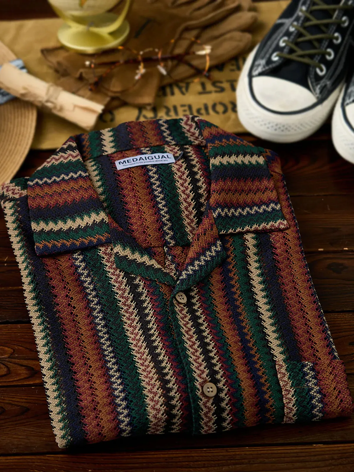Multi-Stripe Openwork Knit Long Sleeve Cuban Shirt sold by Karaku product image thumbnail 4
