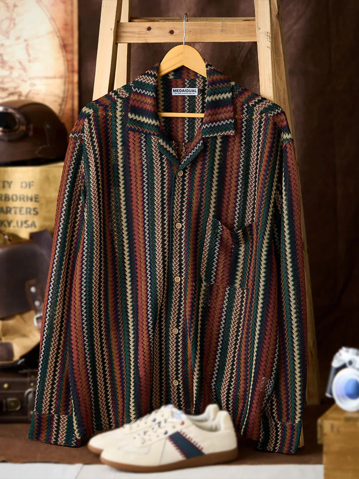 Multi-Stripe Openwork Knit Long Sleeve Cuban Shirt sold by Karaku product image thumbnail 3