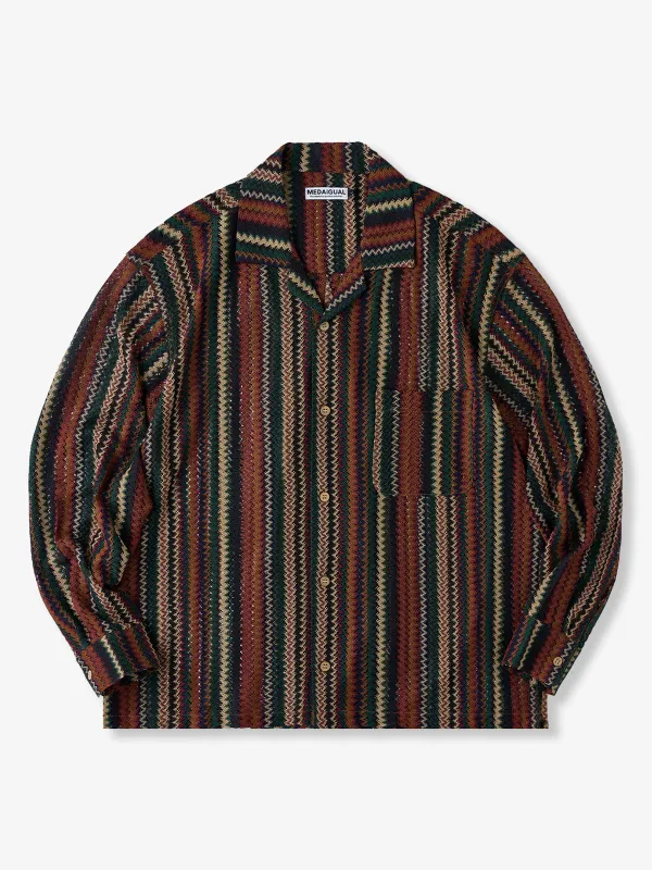 Multi-Stripe Openwork Knit Long Sleeve Cuban Shirt sold by Karaku