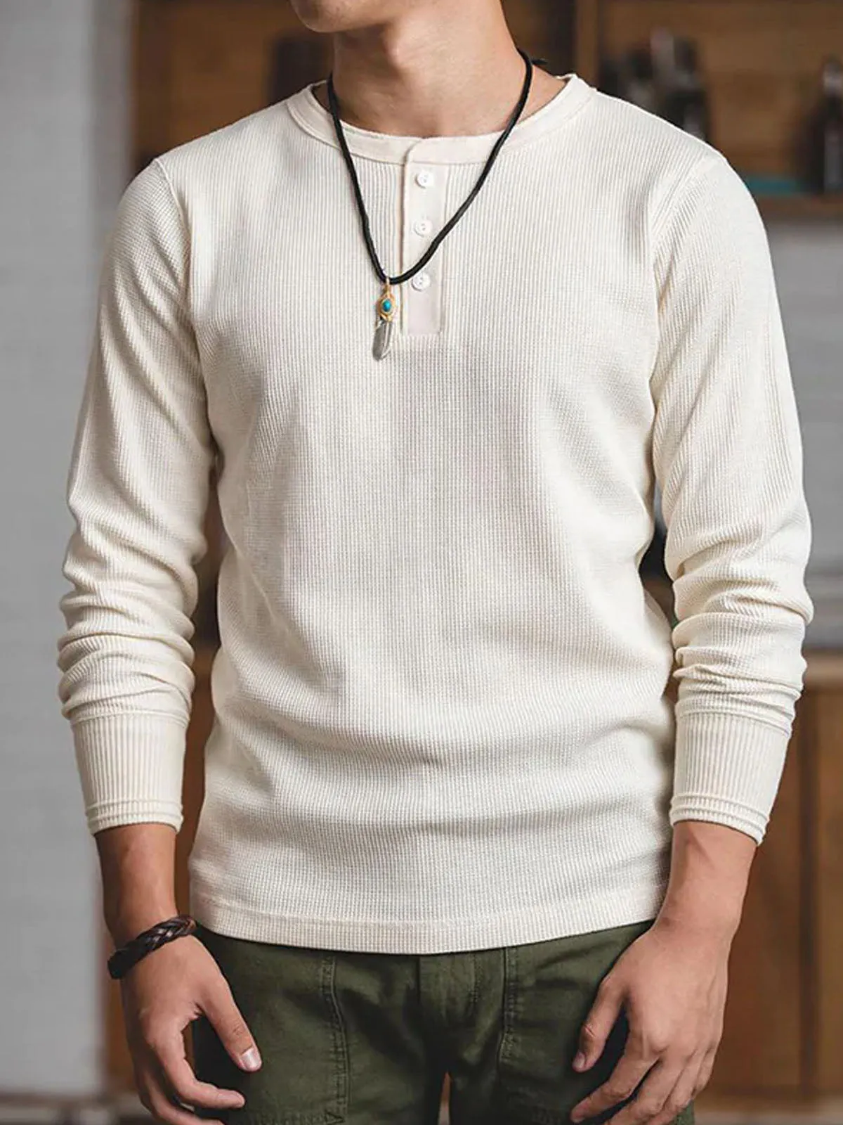 Classic Three-Button Waffle Henley Tee sold by Karaku product image thumbnail 5