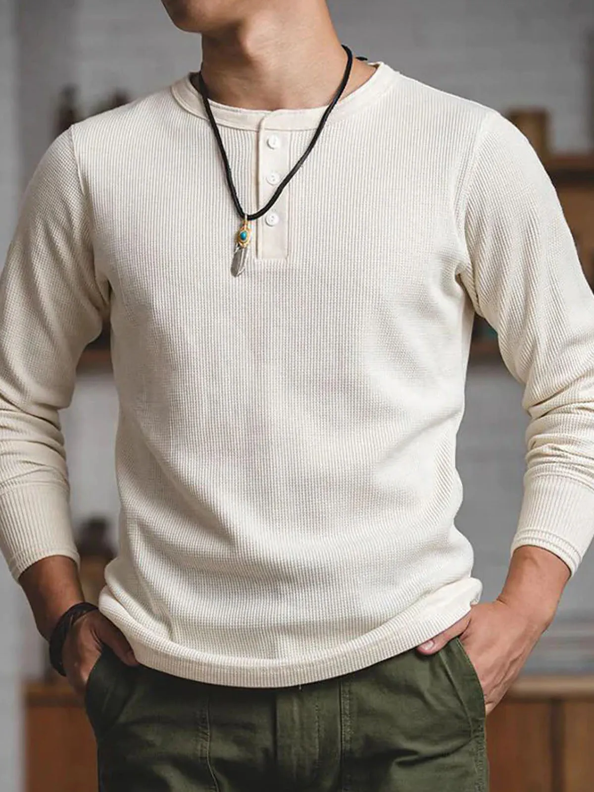 Classic Three-Button Waffle Henley Tee sold by Karaku product image thumbnail 2