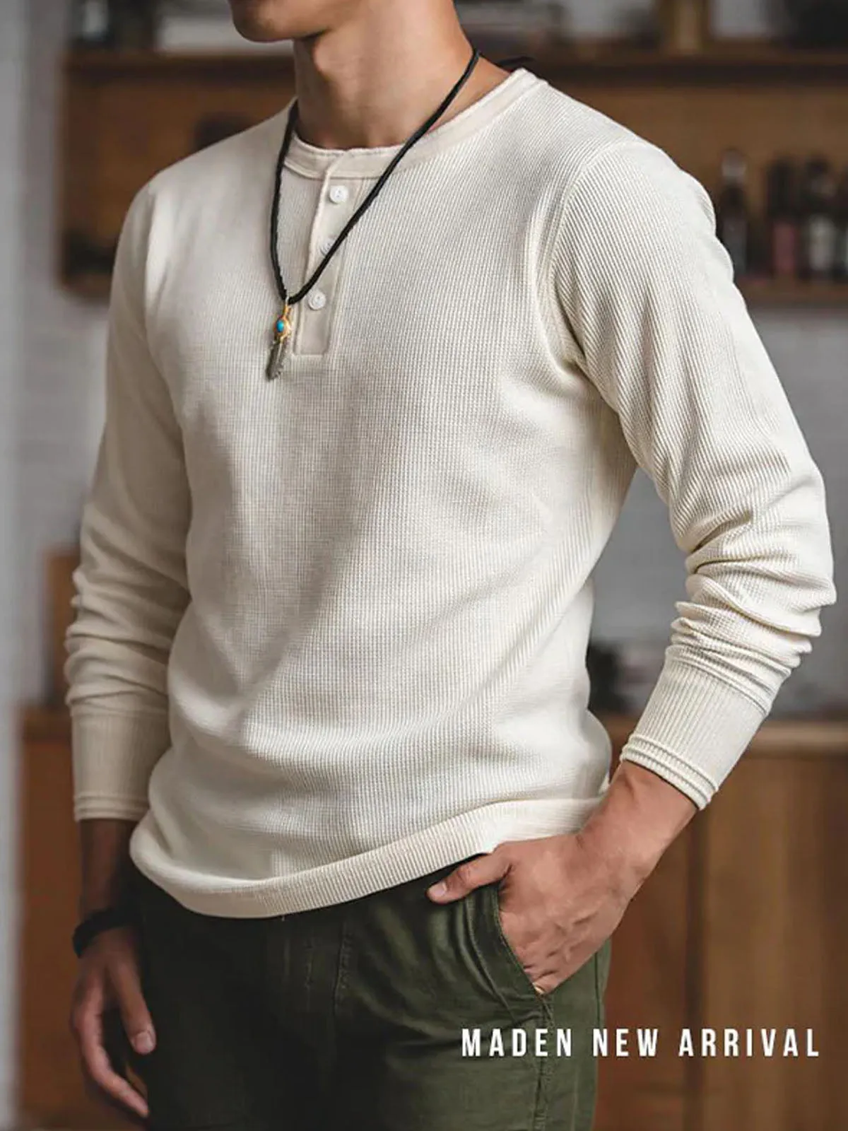 Classic Three-Button Waffle Henley Tee sold by Karaku product image thumbnail 4