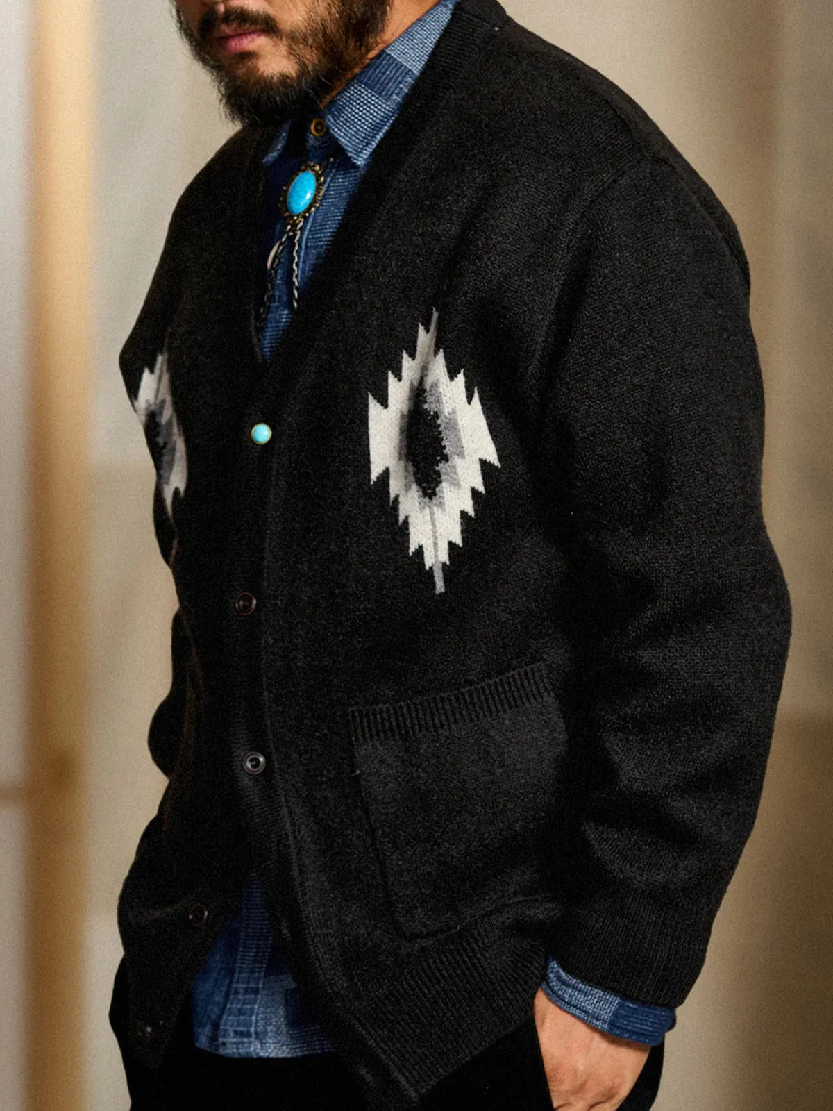 Jacquard Knit V-Neck Cardigan with Navajo & Thunderbird Motifs sold by Karaku product image thumbnail 4