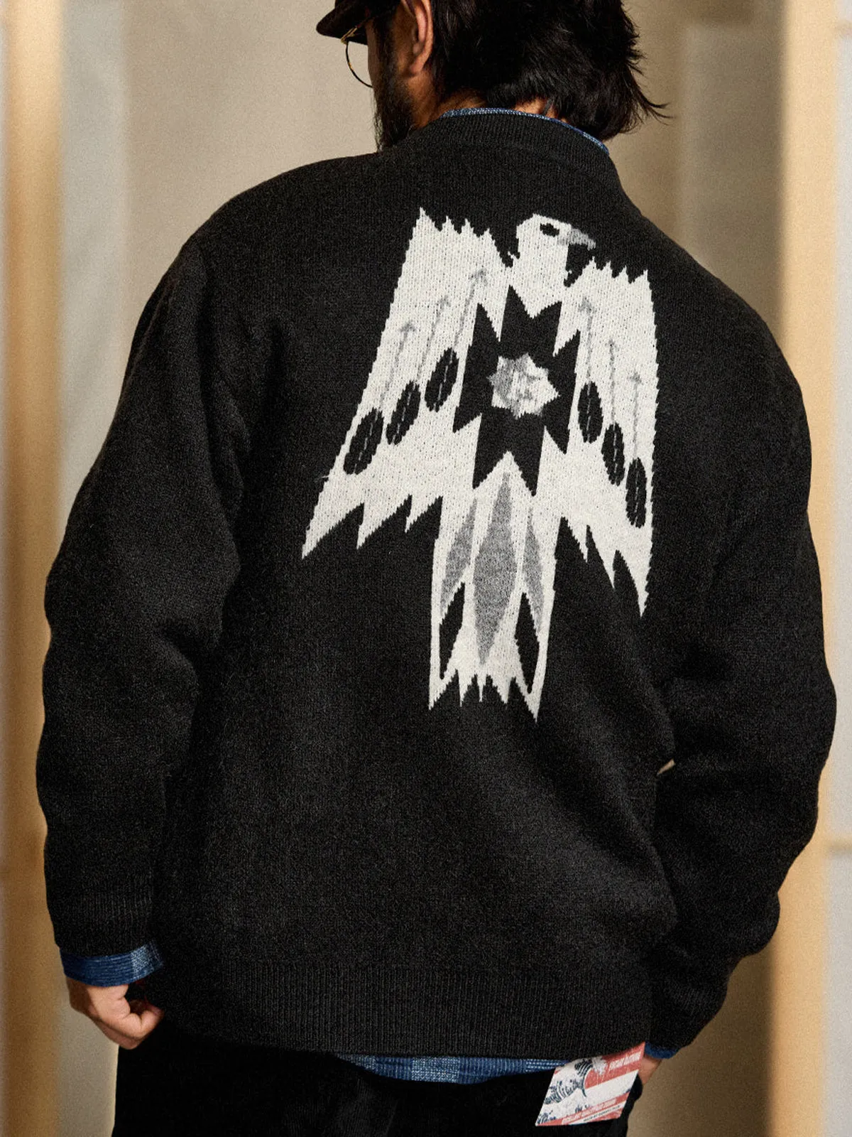 Jacquard Knit V-Neck Cardigan with Navajo & Thunderbird Motifs sold by Karaku product image thumbnail 5