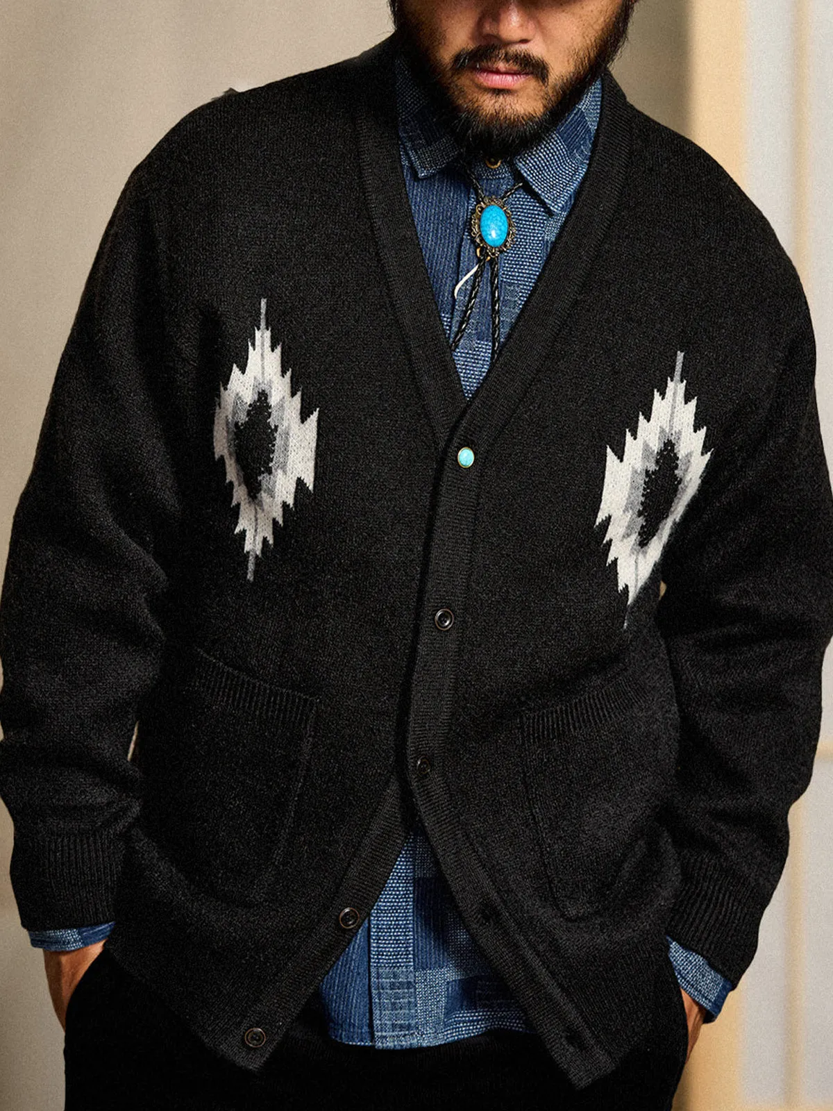 Jacquard Knit V-Neck Cardigan with Navajo & Thunderbird Motifs sold by Karaku product image thumbnail 3