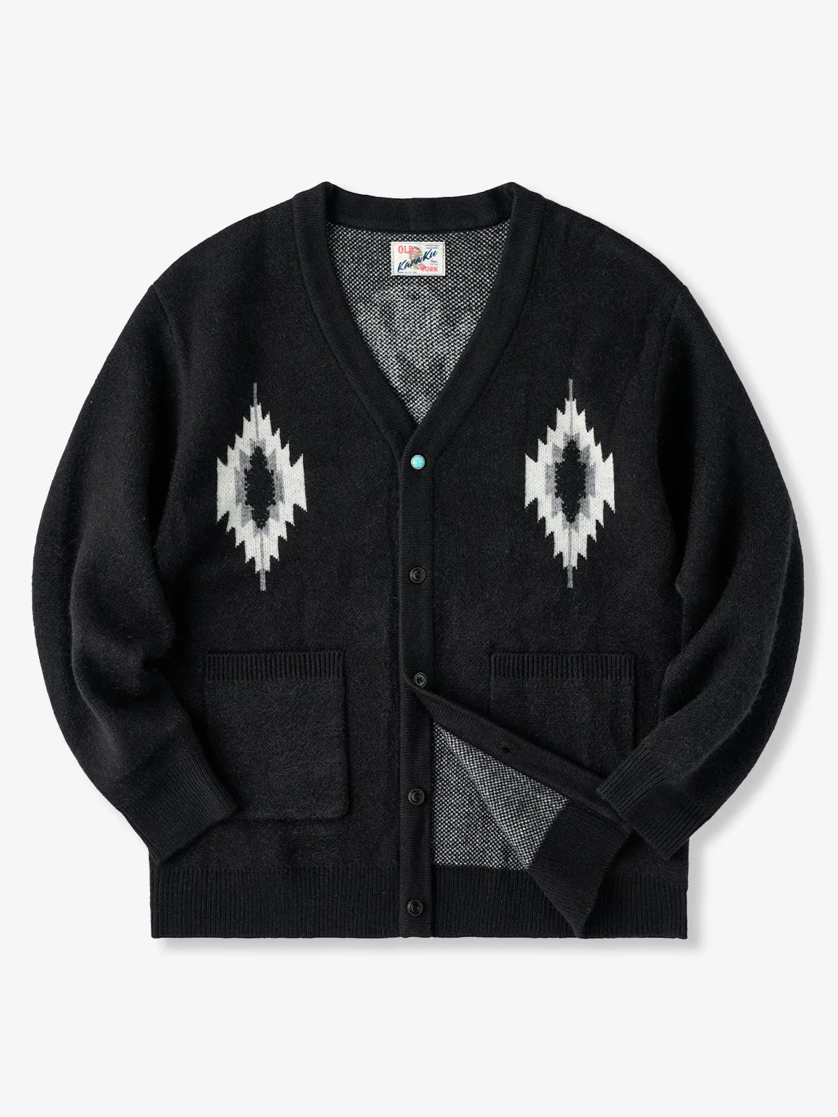 Jacquard Knit V-Neck Cardigan with Navajo & Thunderbird Motifs sold by Karaku