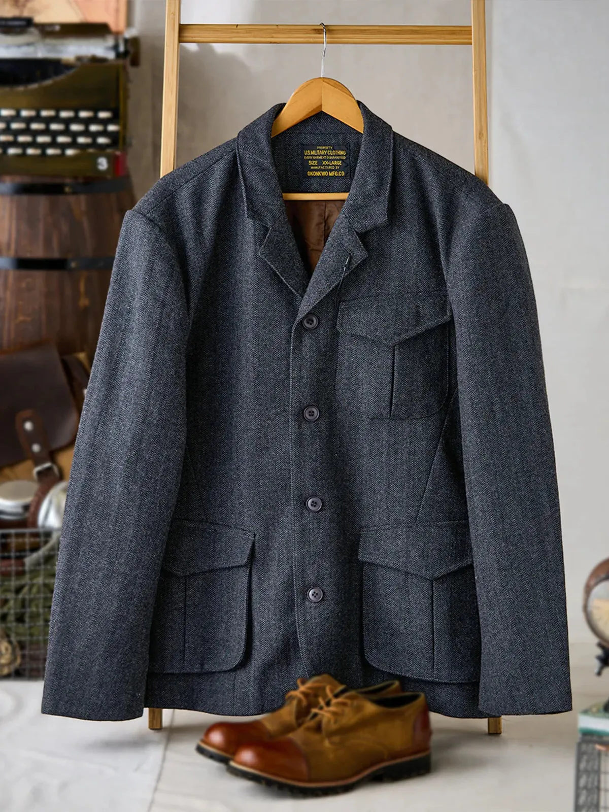 Wool-Blend Herringbone Tailored Jacket with Chin Strap Button sold by Karaku product image thumbnail 3