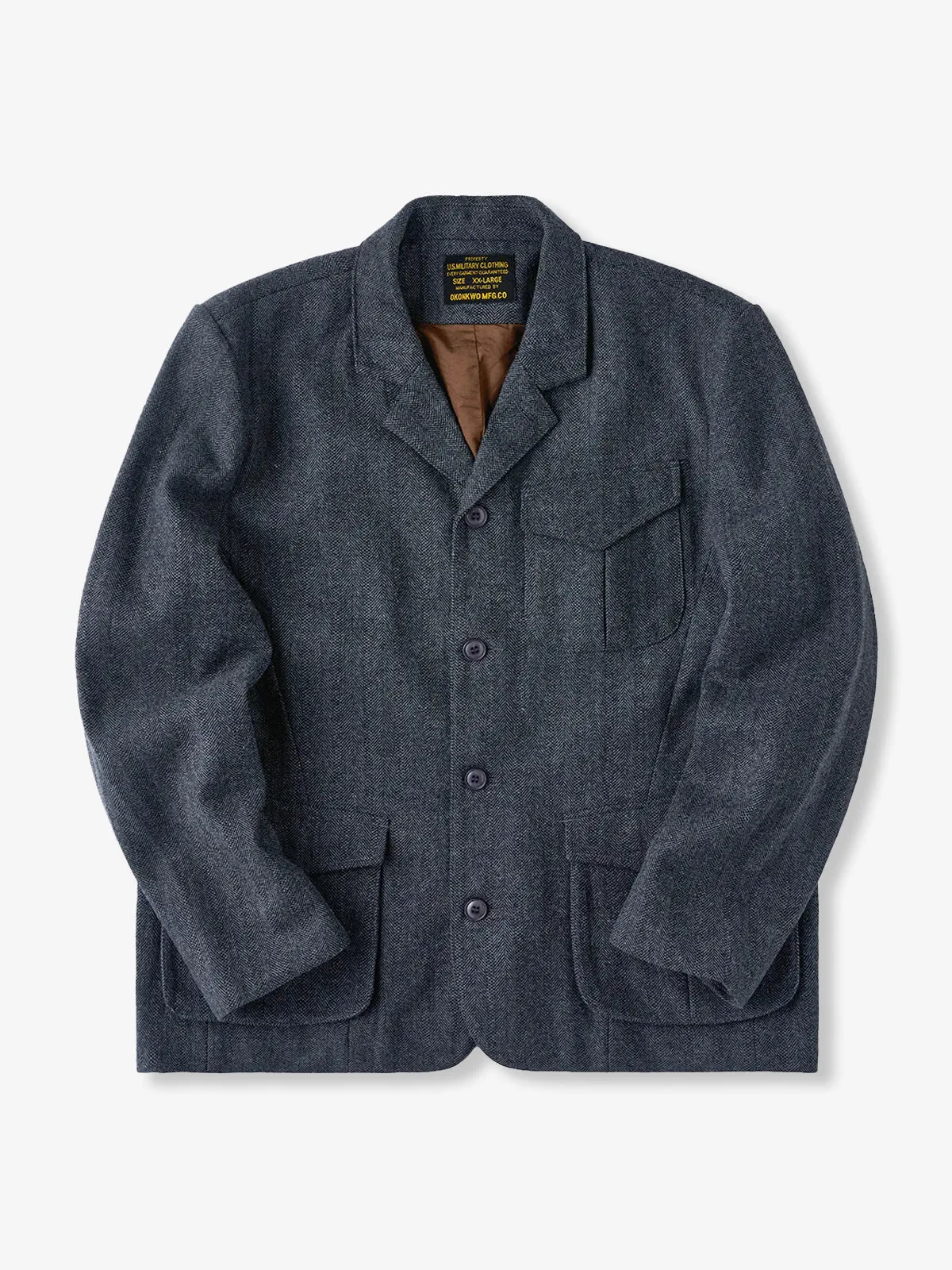 Wool-Blend Herringbone Tailored Jacket with Chin Strap Button sold by Karaku