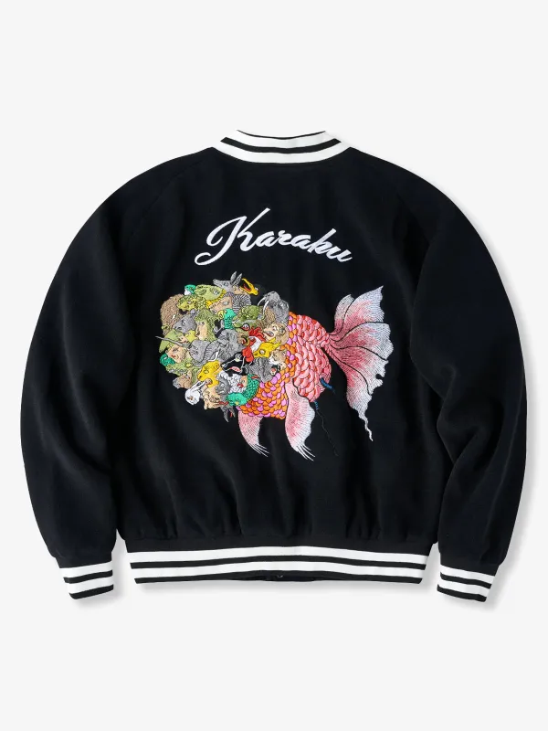 Karaku × Ayako Ishiguro “Hundred-Headed Fish” Embroidered Ukiyo-e Style Baseball Jacket sold by Karaku