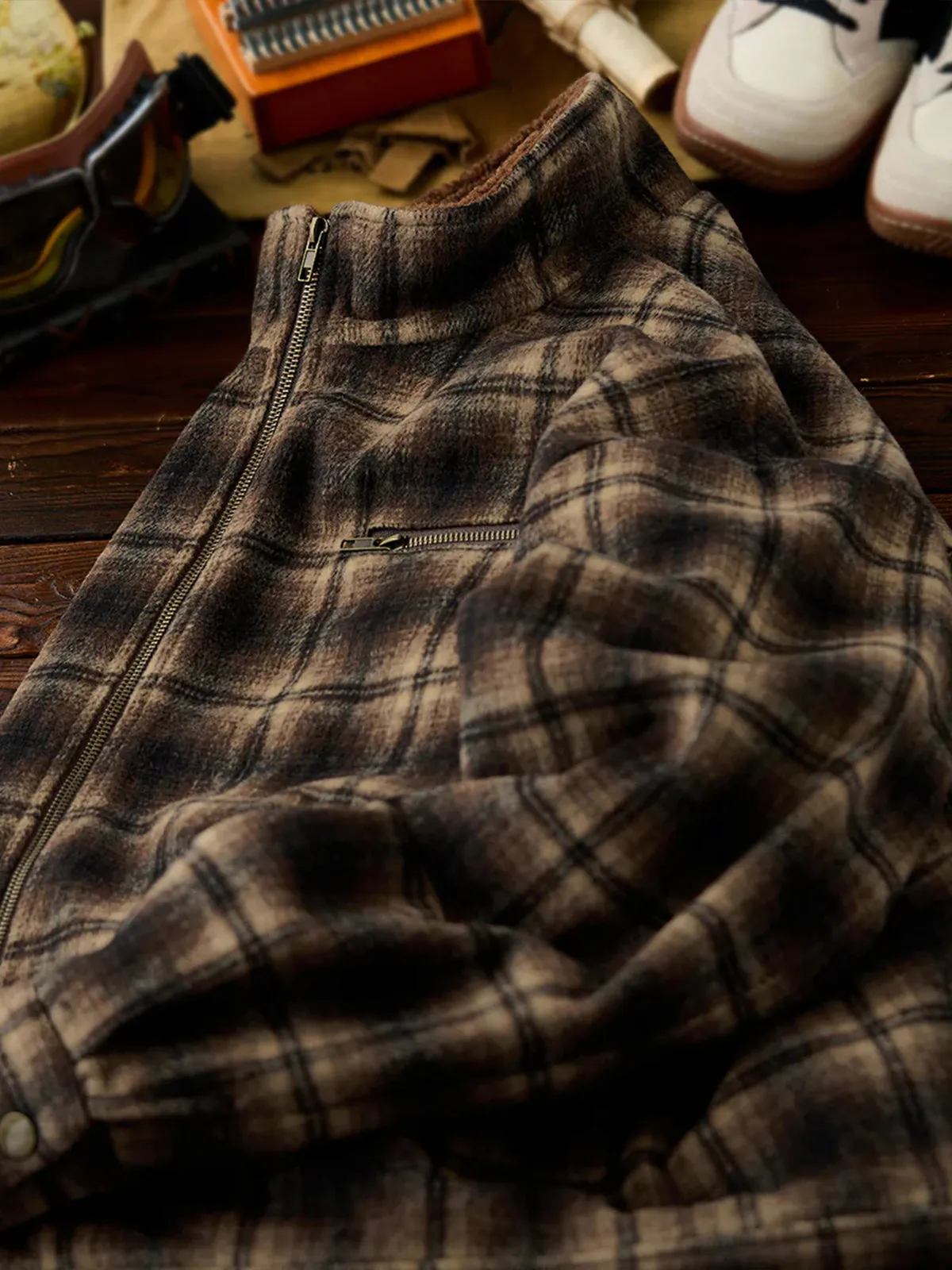 Wool-Blend Check Tweed-Style Detroit Jacket with Polar Fleece Lining and Collar sold by Karaku product image thumbnail 5