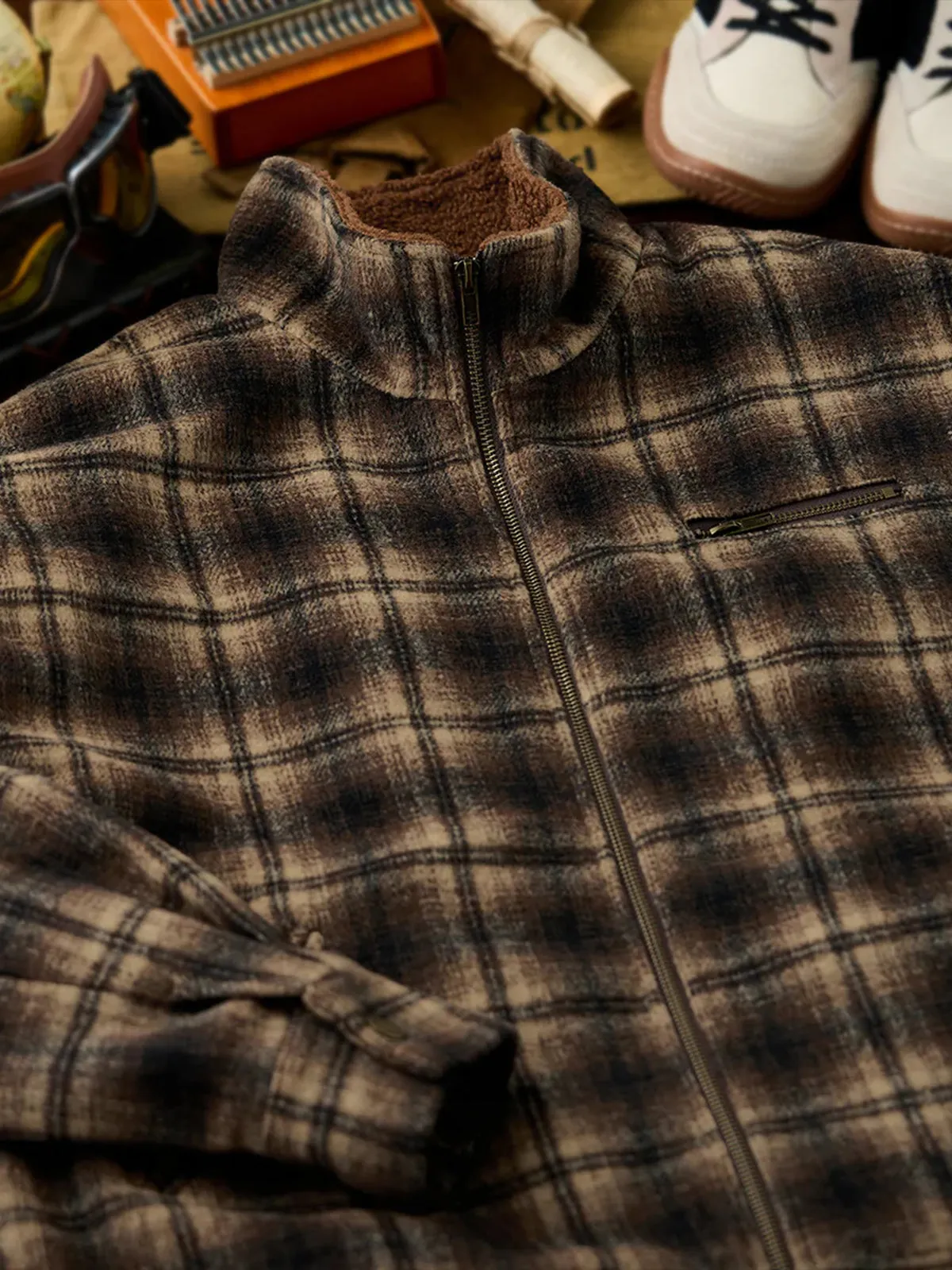 Wool-Blend Check Tweed-Style Detroit Jacket with Polar Fleece Lining and Collar sold by Karaku product image thumbnail 4