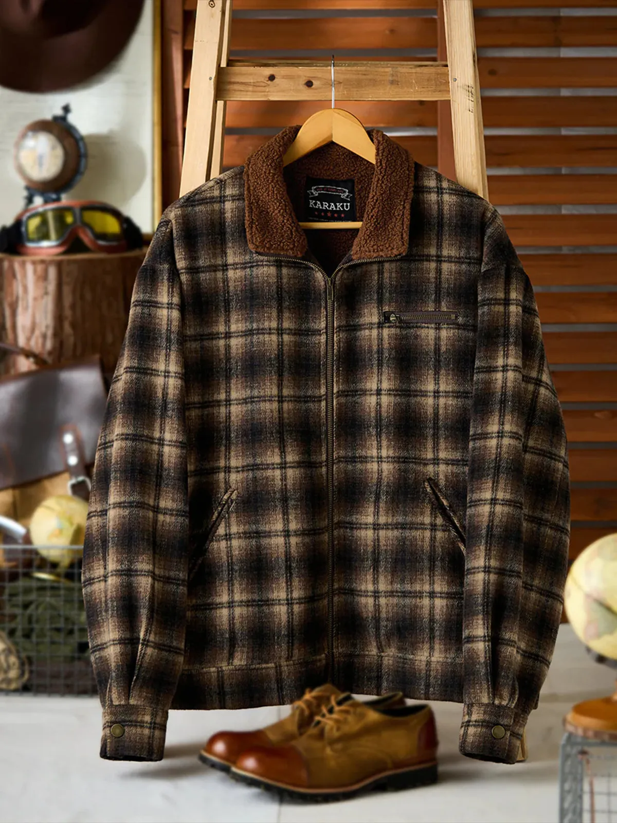 Wool-Blend Check Tweed-Style Detroit Jacket with Polar Fleece Lining and Collar sold by Karaku product image thumbnail 3