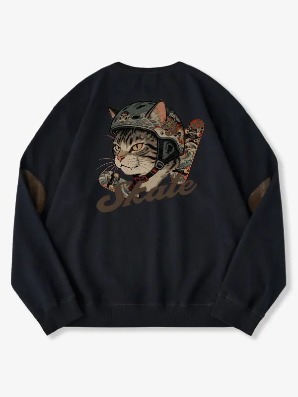 Elbow Suede Patch “Helmet Cat” Print Sweatshirt made by Karaku