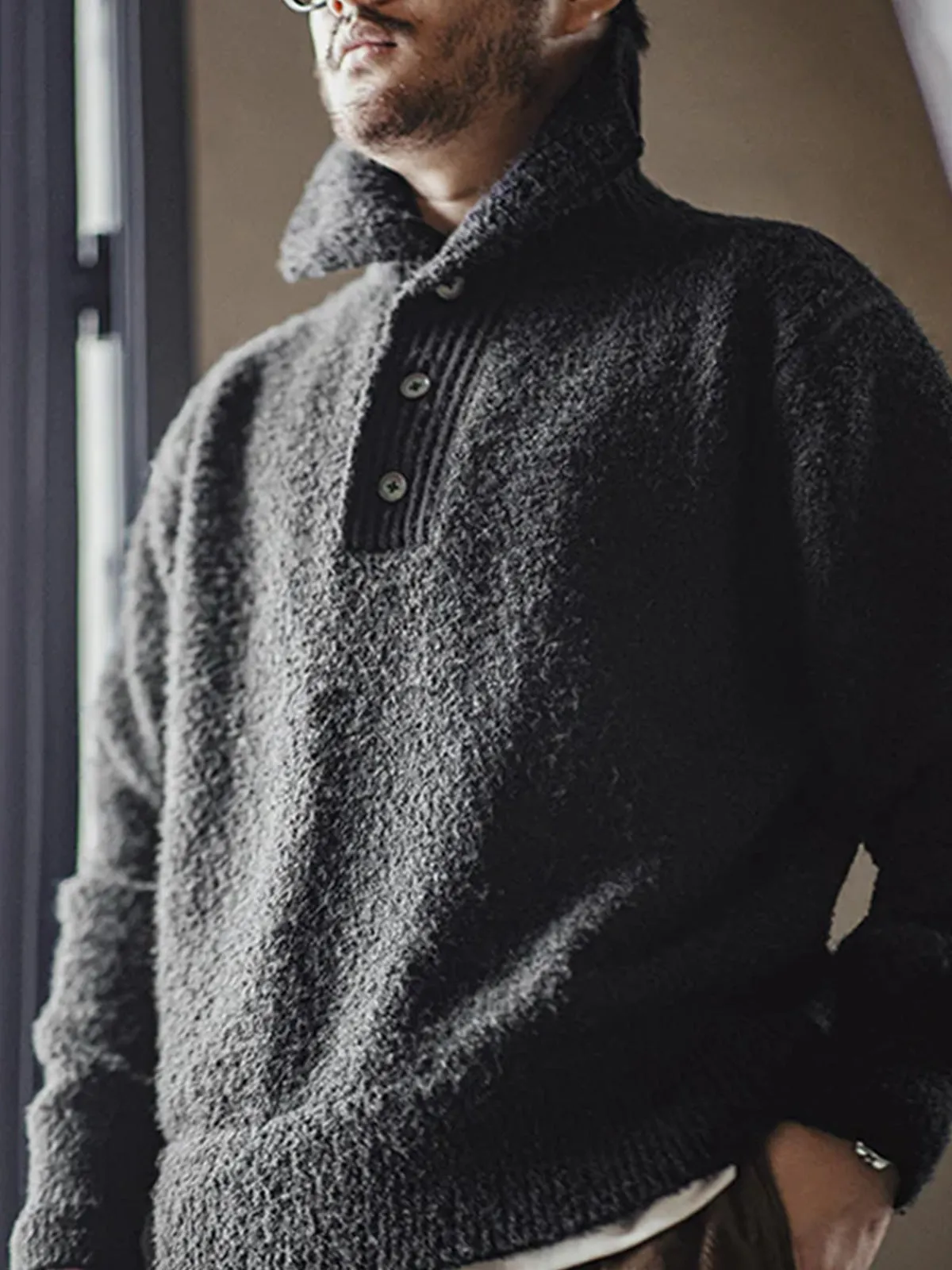 812g Heavyweight Loop Yarn Polo Collar Knit Sweater sold by Karaku product image thumbnail 5