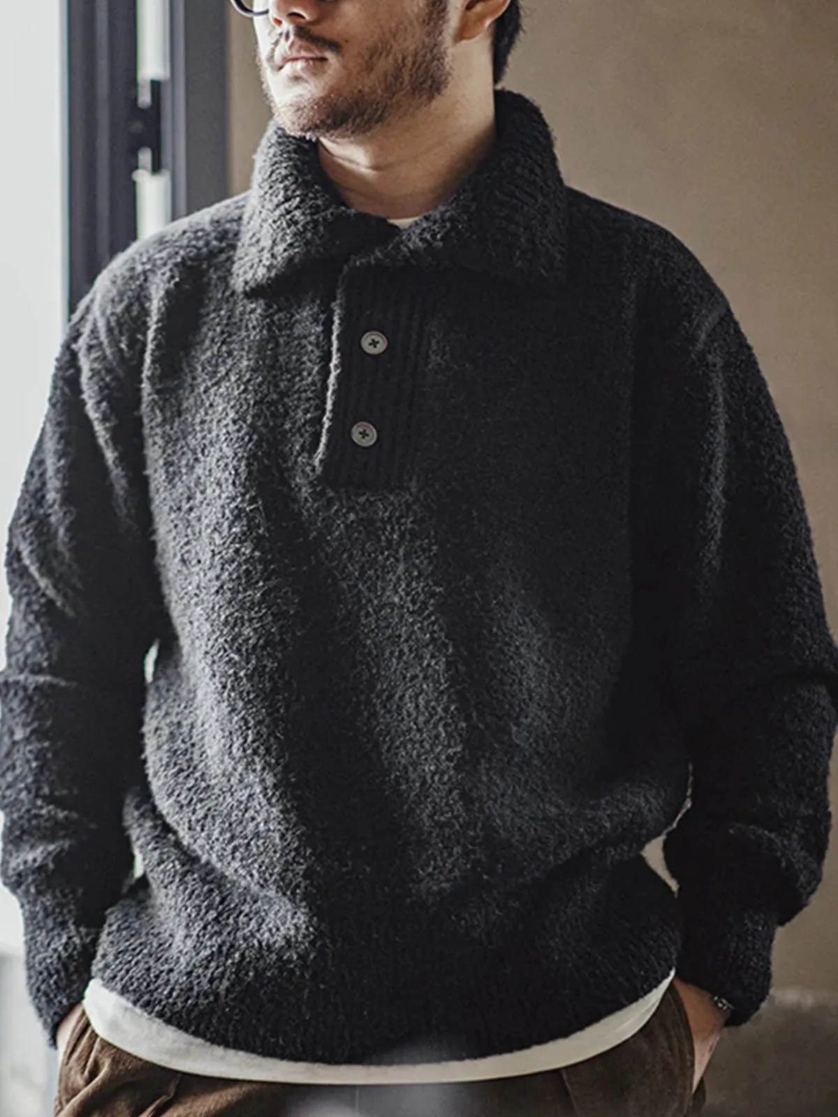 812g Heavyweight Loop Yarn Polo Collar Knit Sweater sold by Karaku product image thumbnail 4