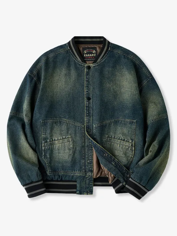 Mixed-Material Baseball Collar Mud-Dyed Denim Jacket sold by Karaku