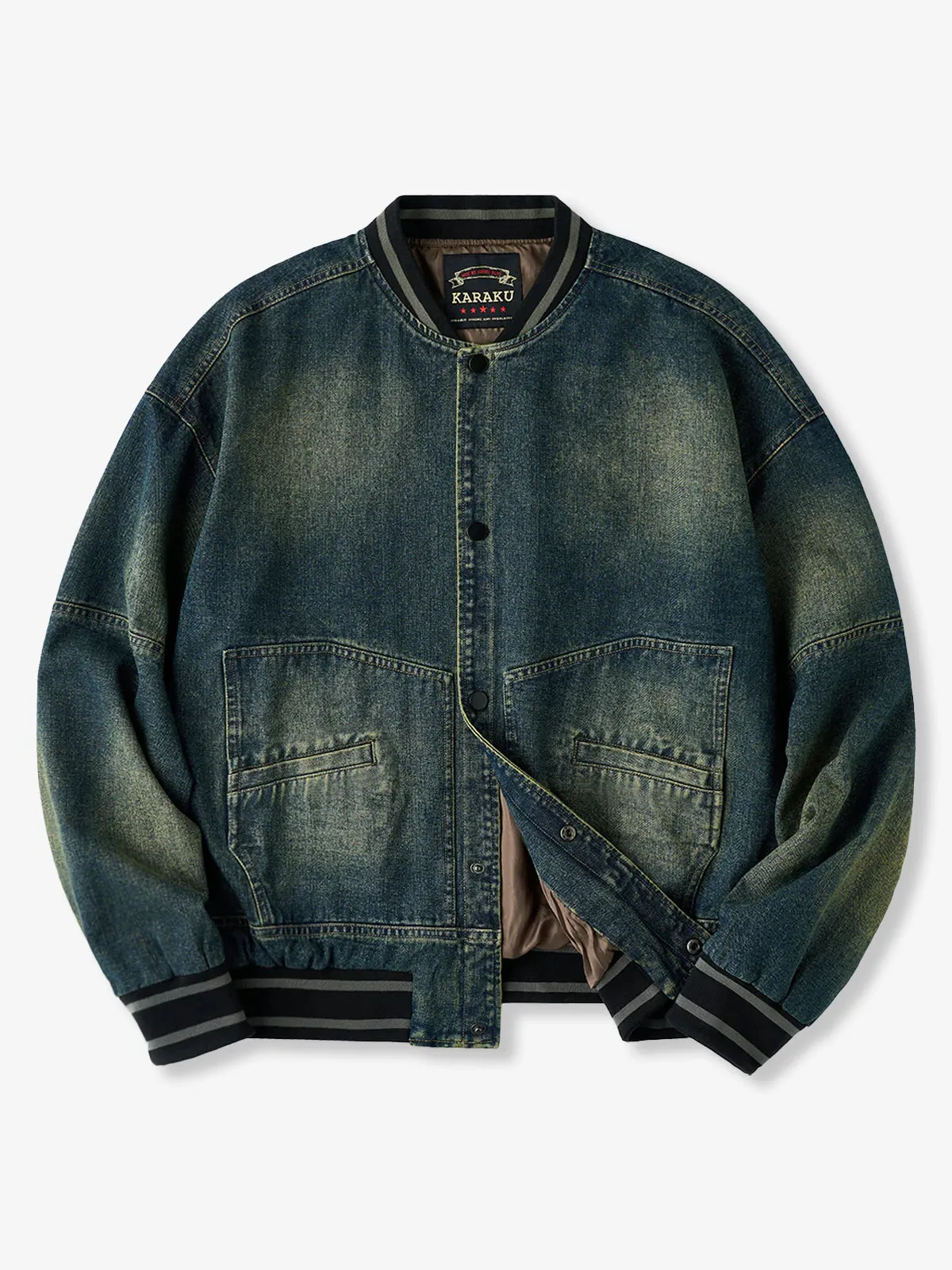 Mixed-Material Baseball Collar Mud-Dyed Denim Jacket sold by Karaku