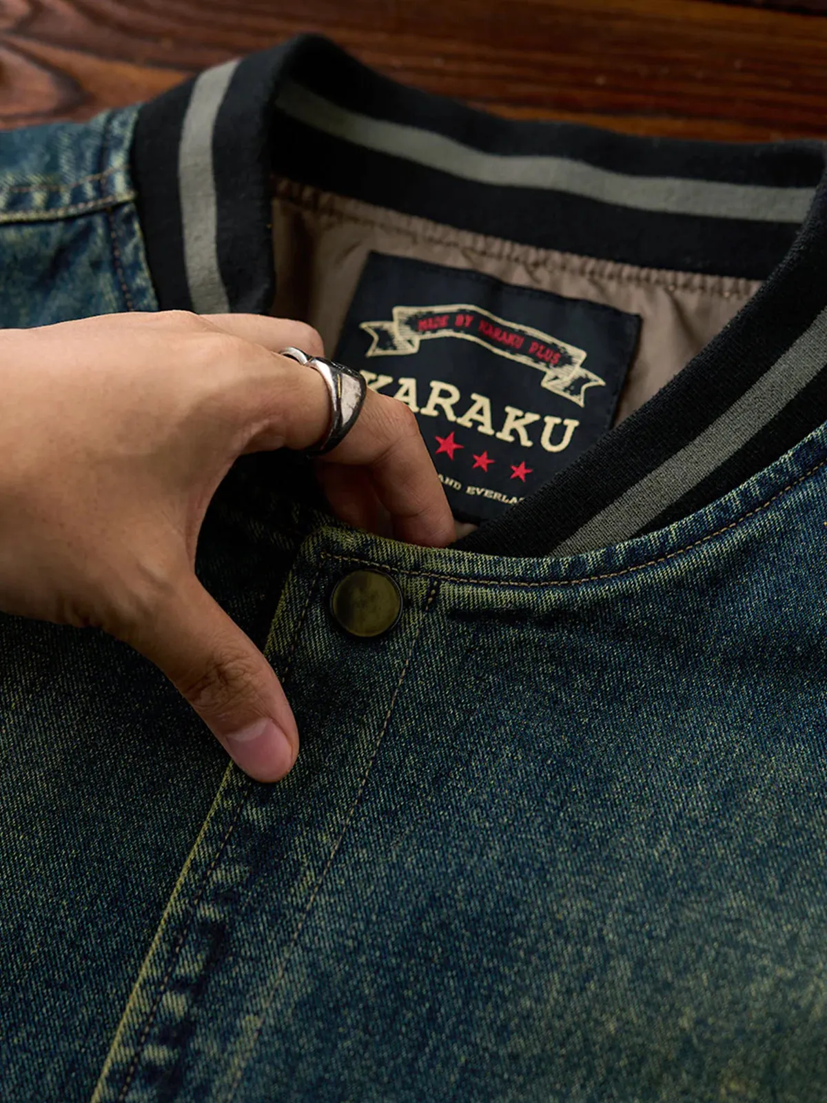 Mixed-Material Baseball Collar Mud-Dyed Denim Jacket sold by Karaku product image thumbnail 5