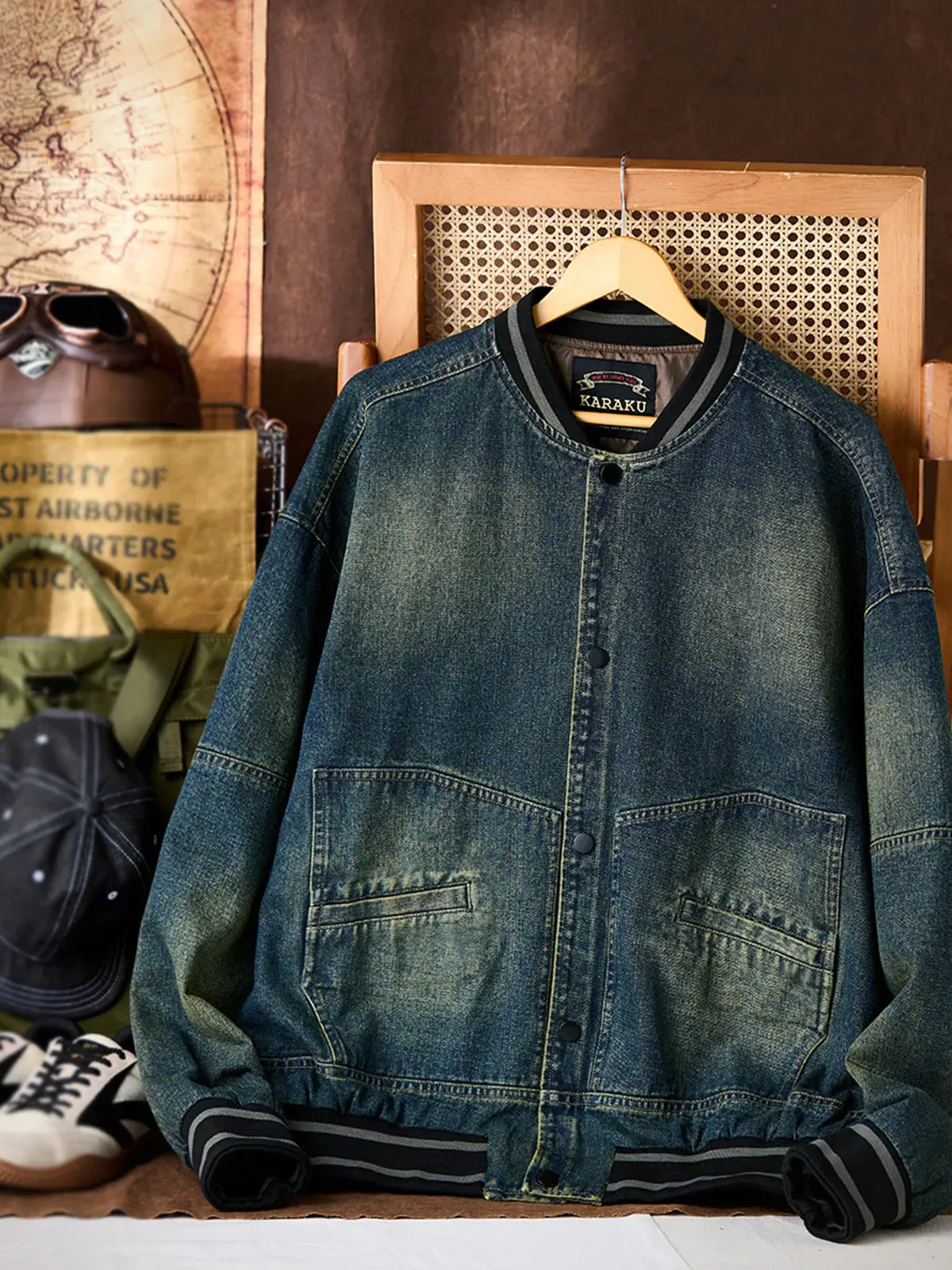 Mixed-Material Baseball Collar Mud-Dyed Denim Jacket sold by Karaku product image thumbnail 4