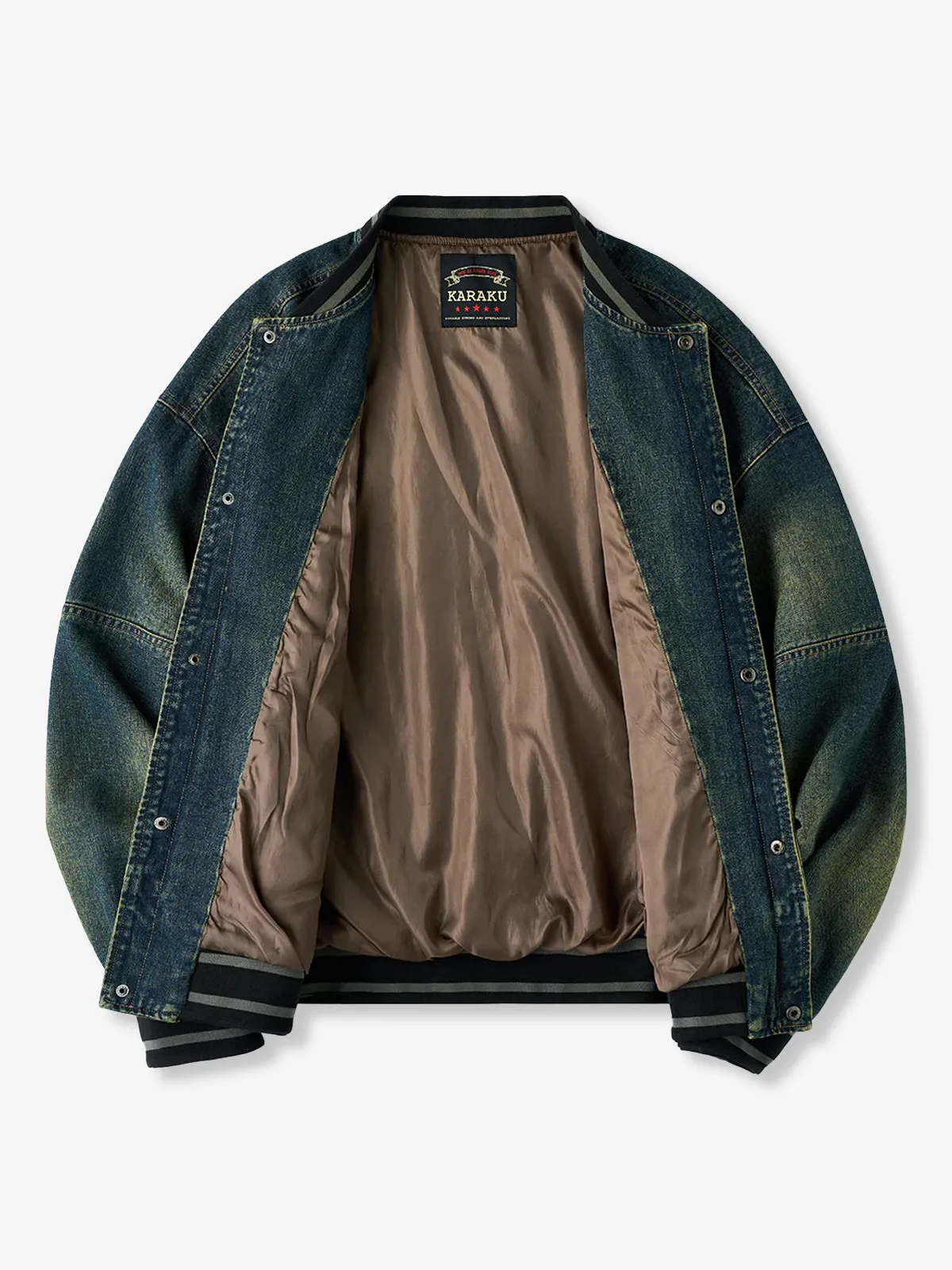 Mixed-Material Baseball Collar Mud-Dyed Denim Jacket sold by Karaku product image thumbnail 3