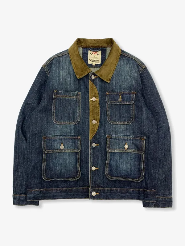 Washed Patchwork Denim Utility Jacket with Corduroy Collar sold by Karaku