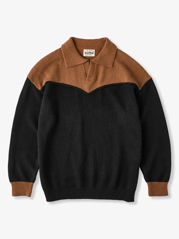 Two-Tone Color Block Polo Collar Knit Sweater sold by Karaku