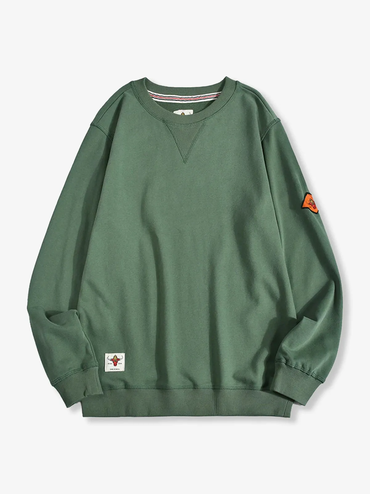 Navy Crewneck Sweatshirt with Sleeve Patch and Terry Lining sold by Karaku