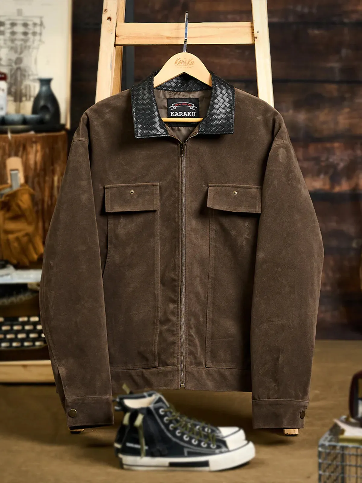 Woven Leather Collar Suede Jacket with Decorative Pockets sold by Karaku product image thumbnail 3