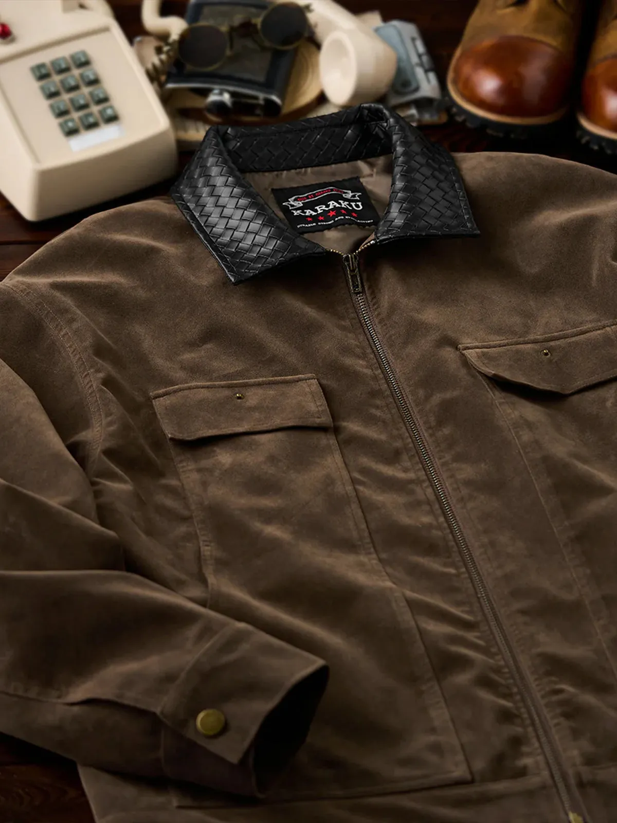 Woven Leather Collar Suede Jacket with Decorative Pockets sold by Karaku product image thumbnail 4