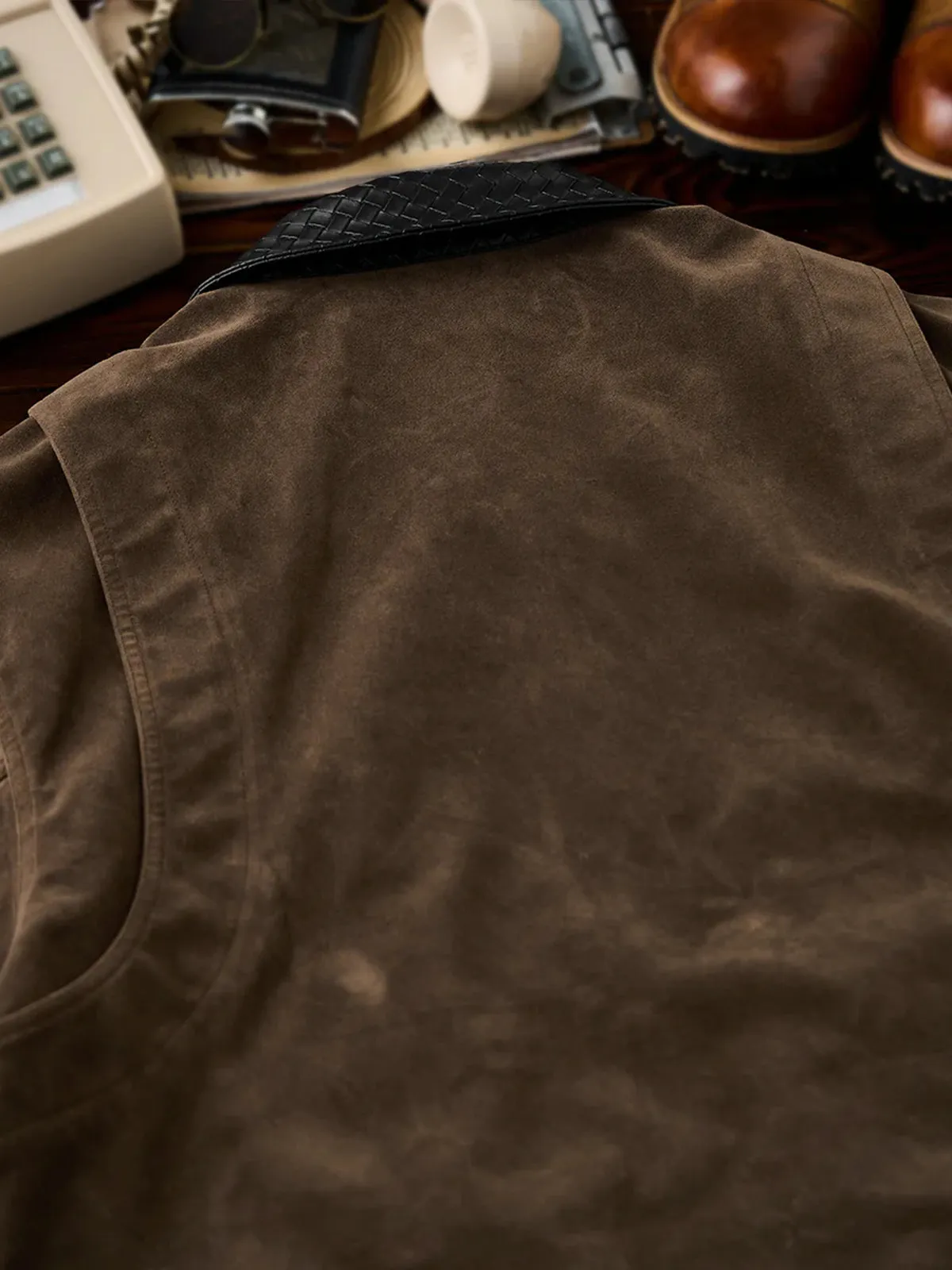 Woven Leather Collar Suede Jacket with Decorative Pockets sold by Karaku product image thumbnail 5