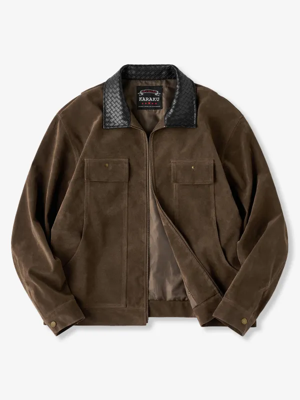 Woven Leather Collar Suede Jacket with Decorative Pockets sold by Karaku