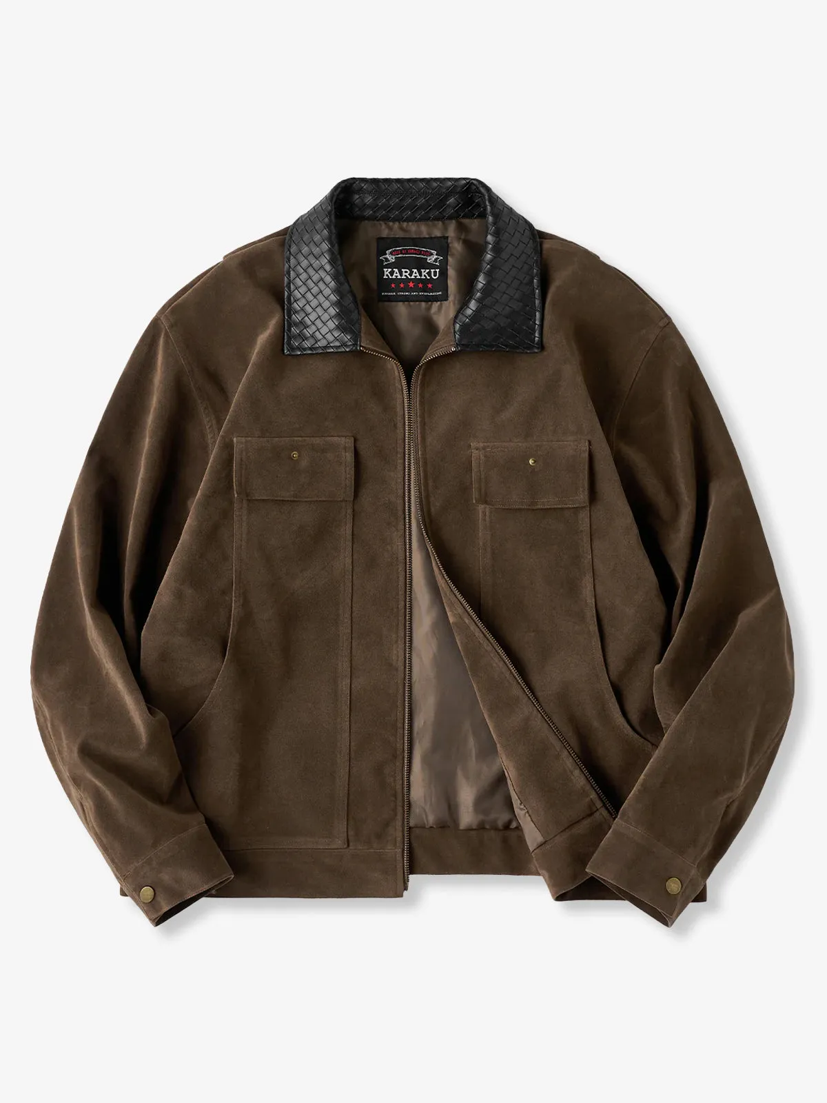 Woven Leather Collar Suede Jacket with Decorative Pockets sold by Karaku