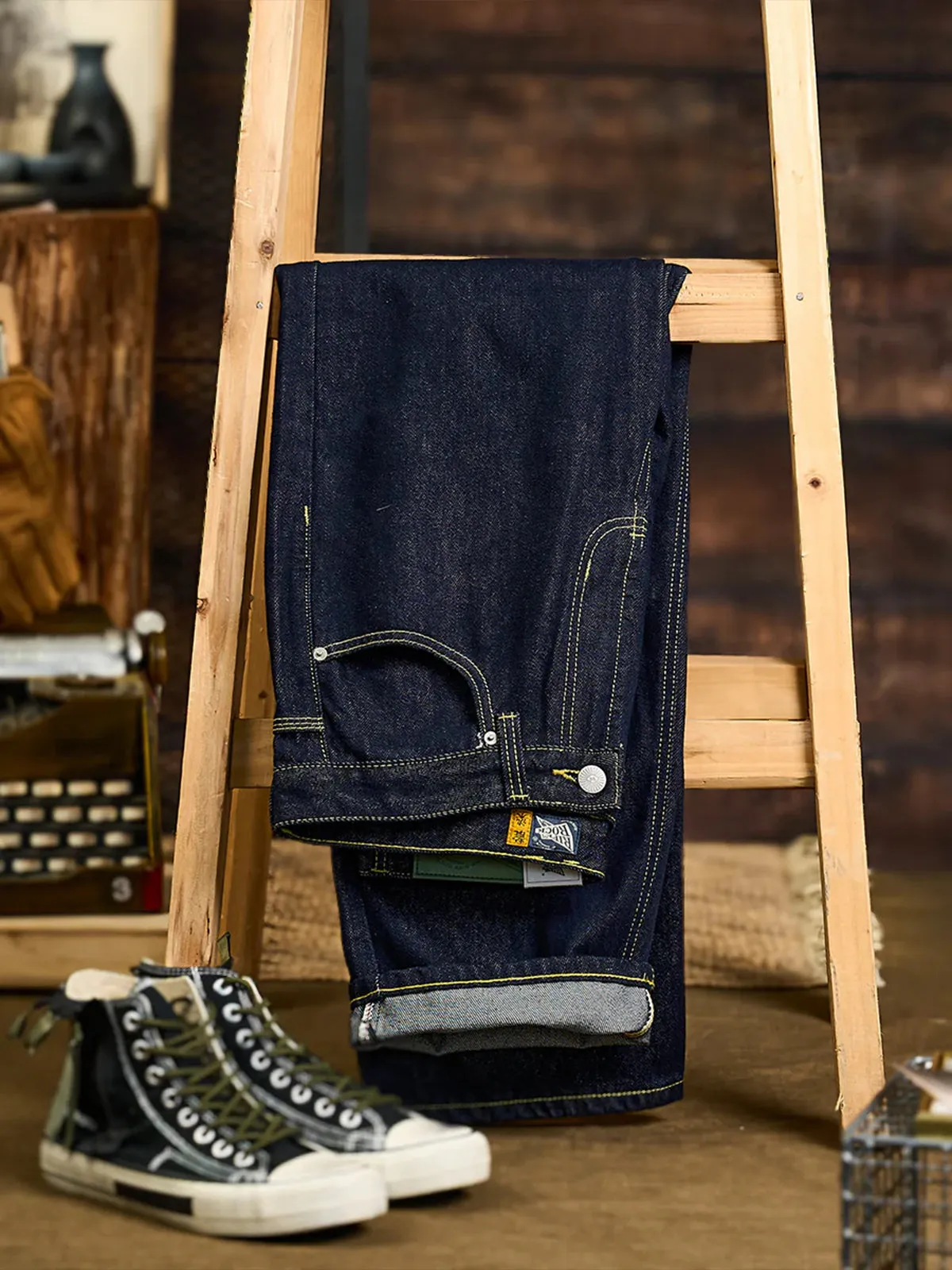 Straight Denim Pants with Feather Embroidery and Yellow Stitching sold by Karaku product image thumbnail 3