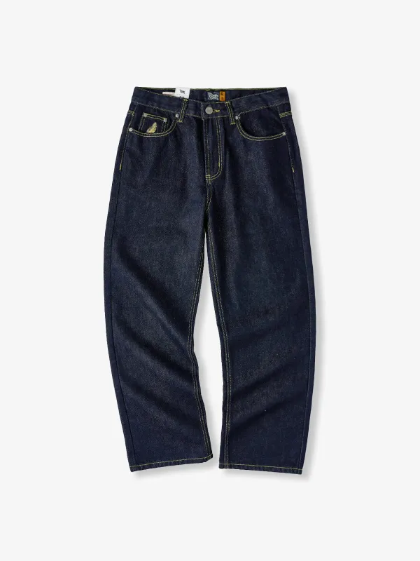 Straight Denim Pants with Feather Embroidery and Yellow Stitching sold by Karaku