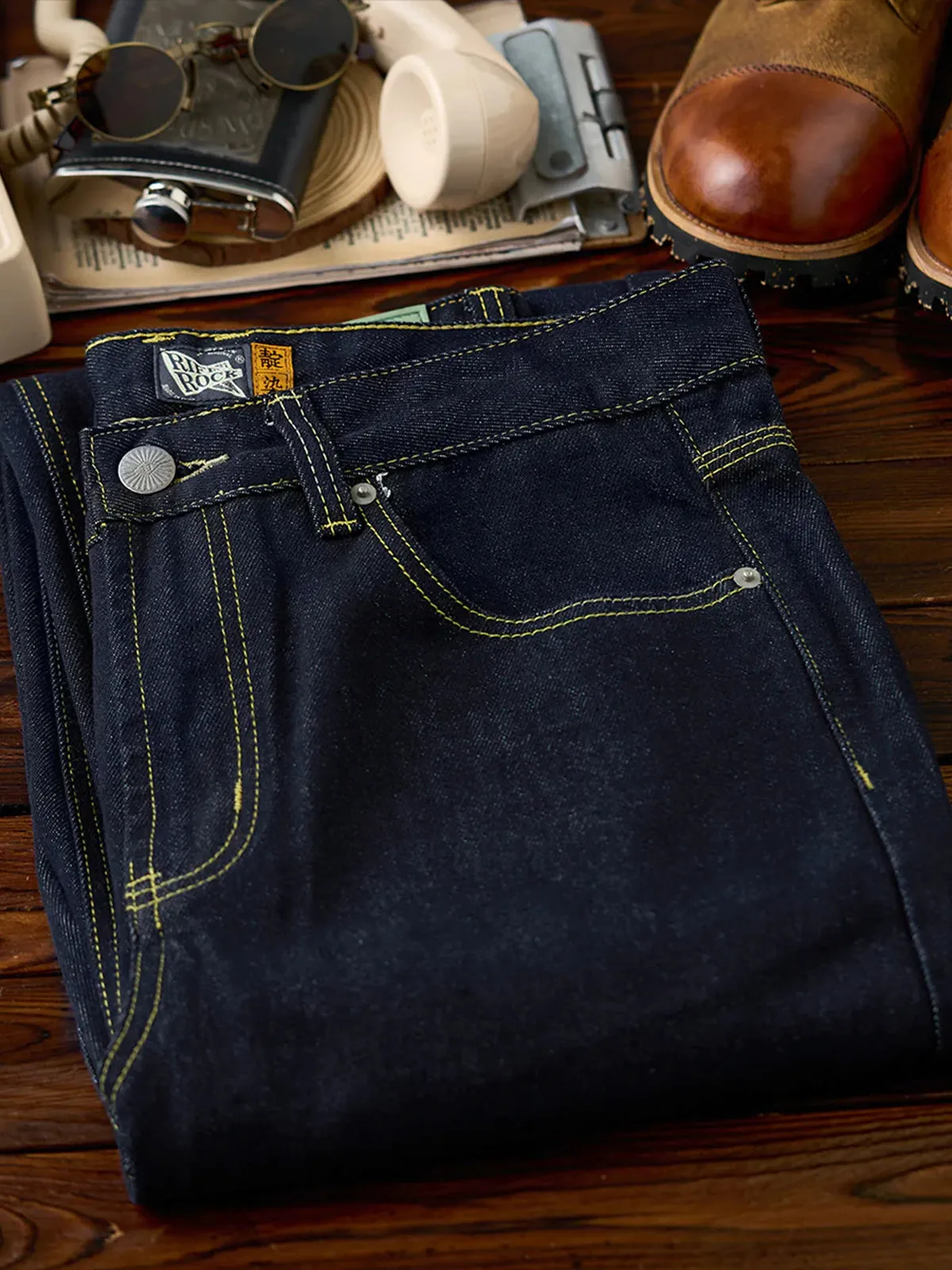 Straight Denim Pants with Feather Embroidery and Yellow Stitching sold by Karaku product image thumbnail 5